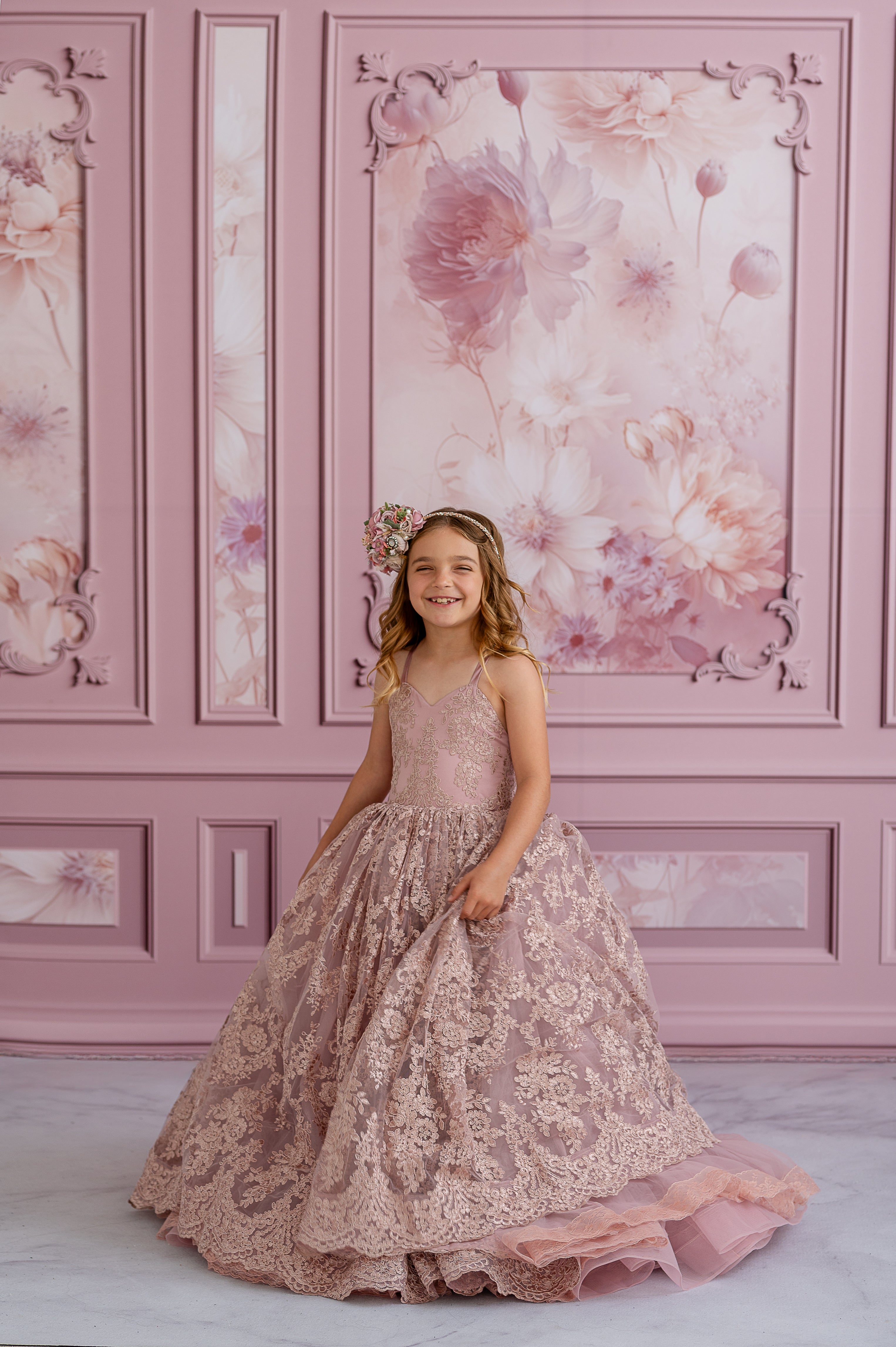 "Full-length couture gown with elegant lace patterns and a subtle shimmer, ideal for evening events"
