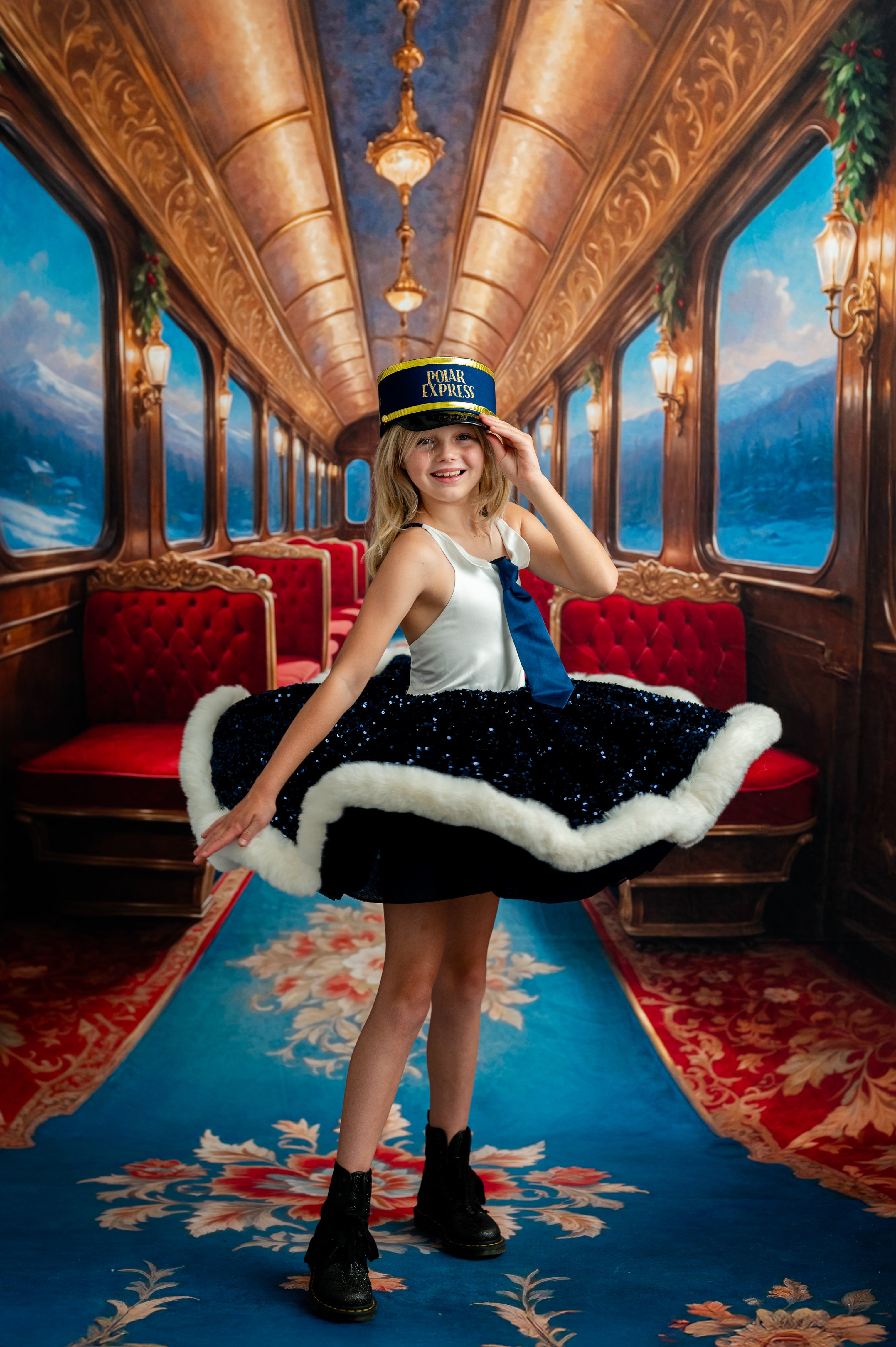 Young girl in a decorated train car with red seats and ornate ceiling.