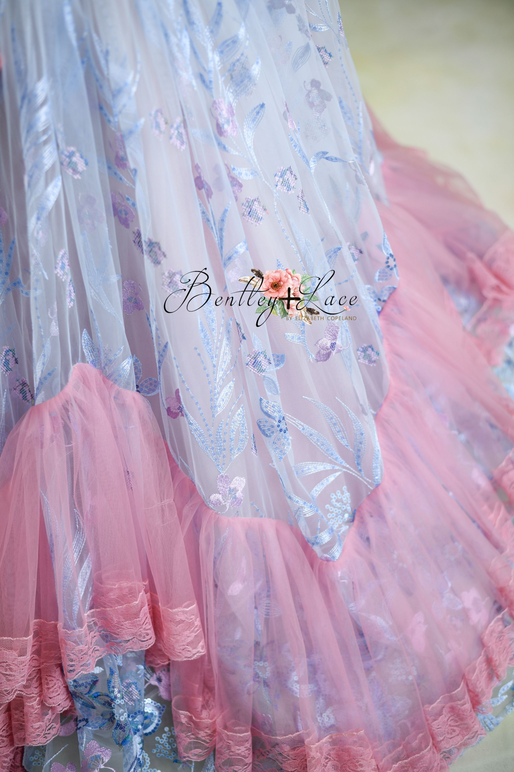 "Savannah Bloom gown with sparkling floral sequin fabric and girly lace details, perfect for a special photoshoot."