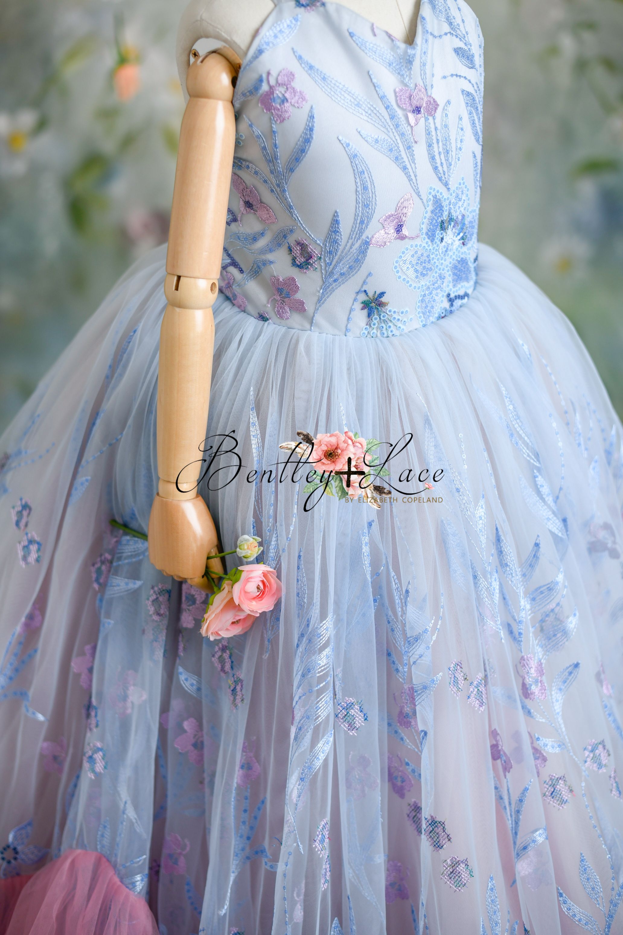 "Savannah Bloom gown with girly lace details, sparkling floral sequin fabric, and soft tulle skirt, perfect for a special photography session."
