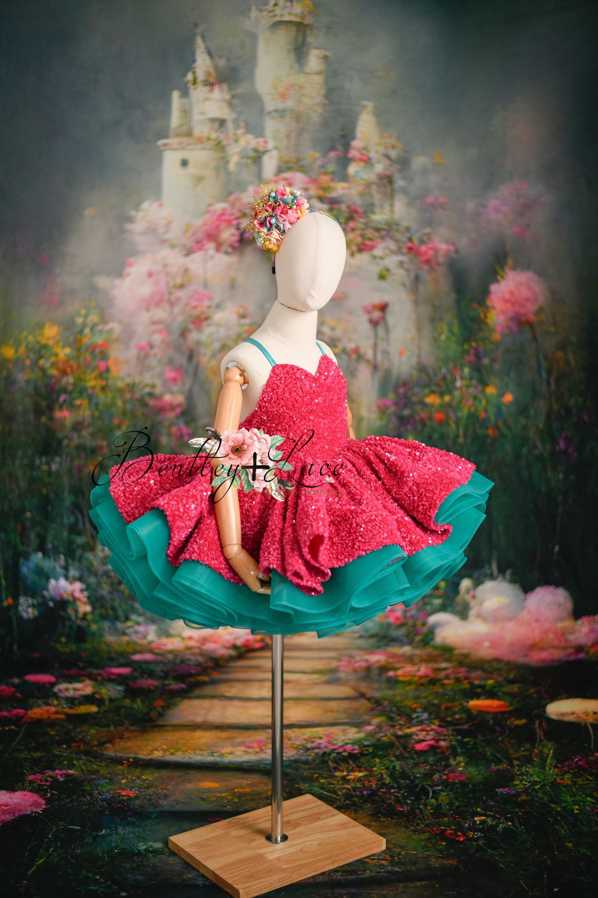 Adjustable shoulder ties on pink sequin and turquoise tulle dress for kids