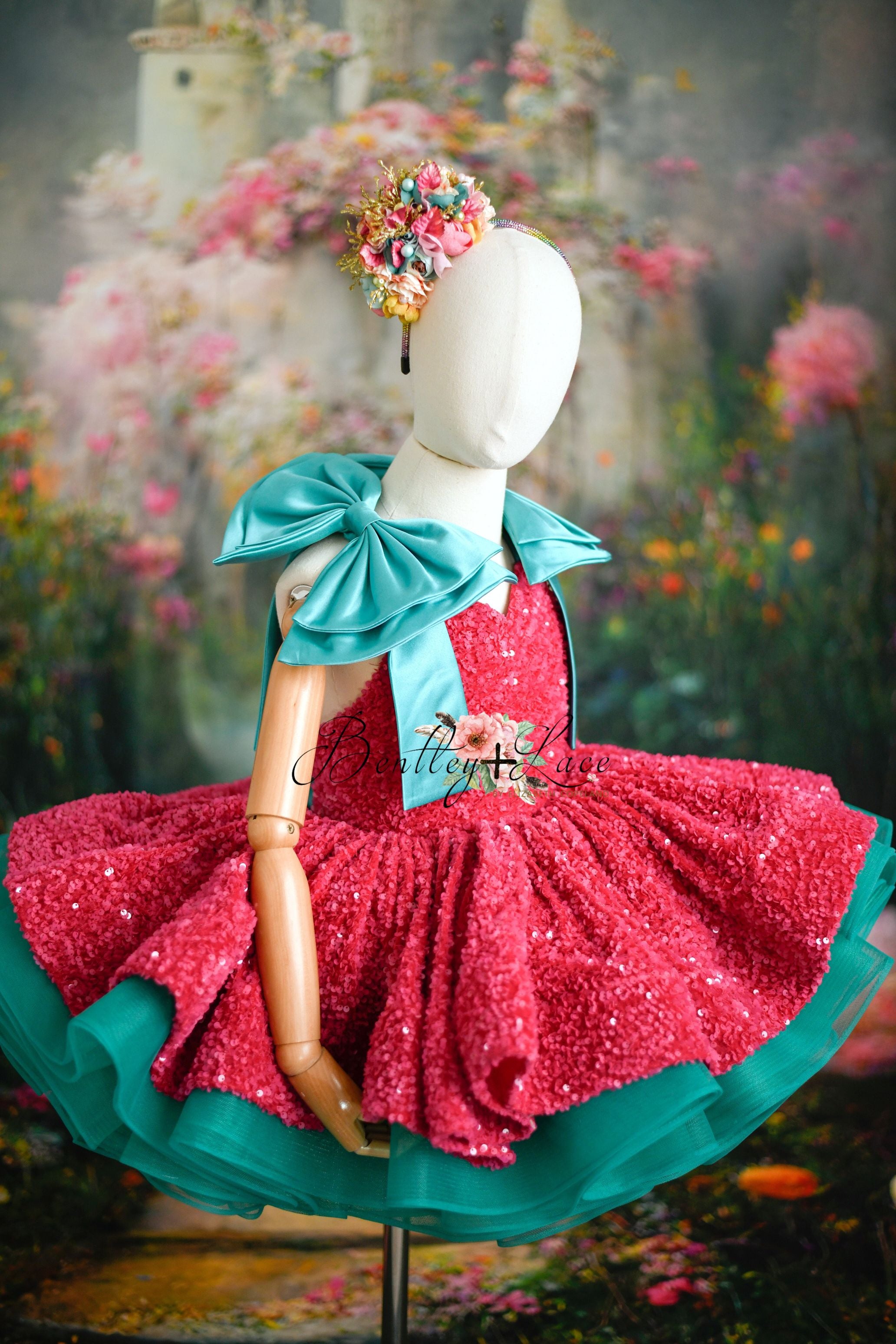 "Retro" Pink/turquoise Petal Length Dress ( 5 year- 6 year)