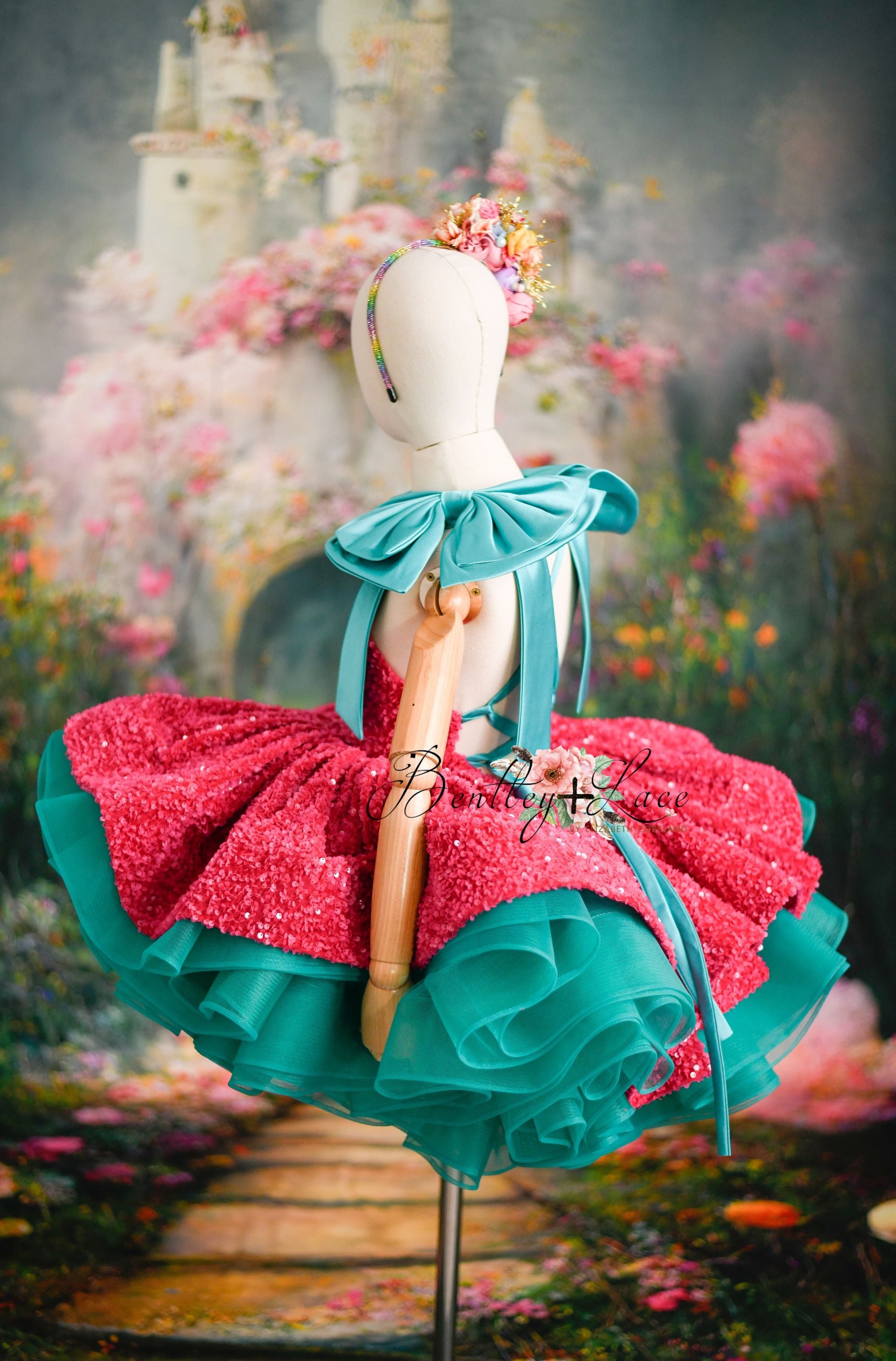 Detail of sparkling sequins and layered turquoise tulle on children’s dress