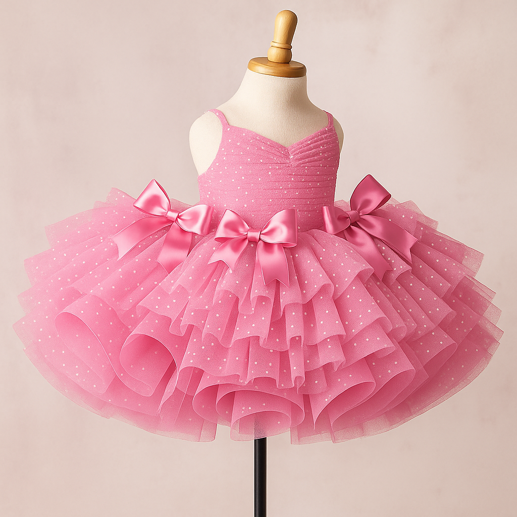 Bows of Grace SIZE 7-9 YEAR | RTS NEW PINK Swiss Dot Short Dress – Custom Couture Gown
