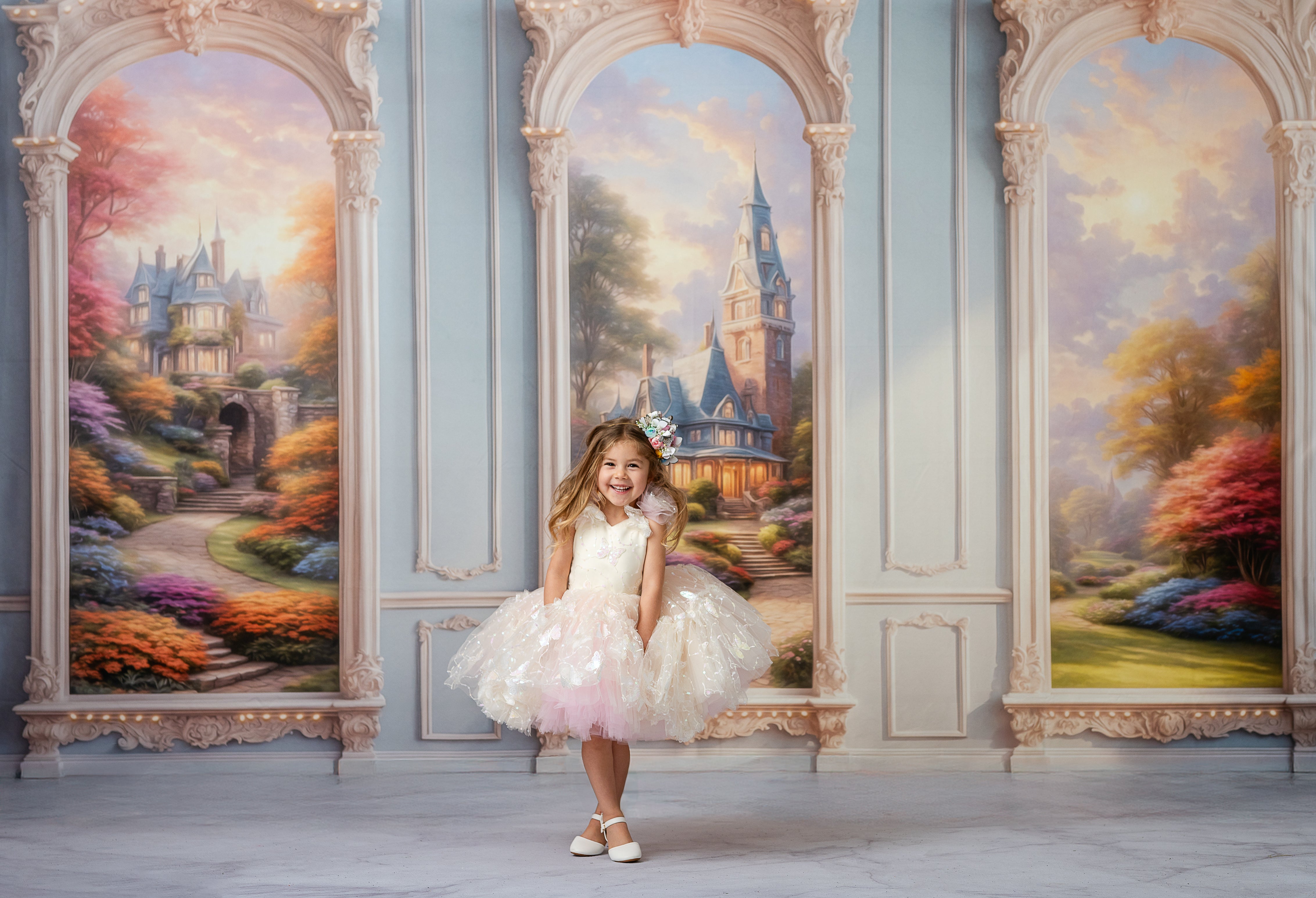 "Daydreaming" Butterflies soft champagne +pink - Petal Length Dress ( 3 Year - Petite 4 Year)