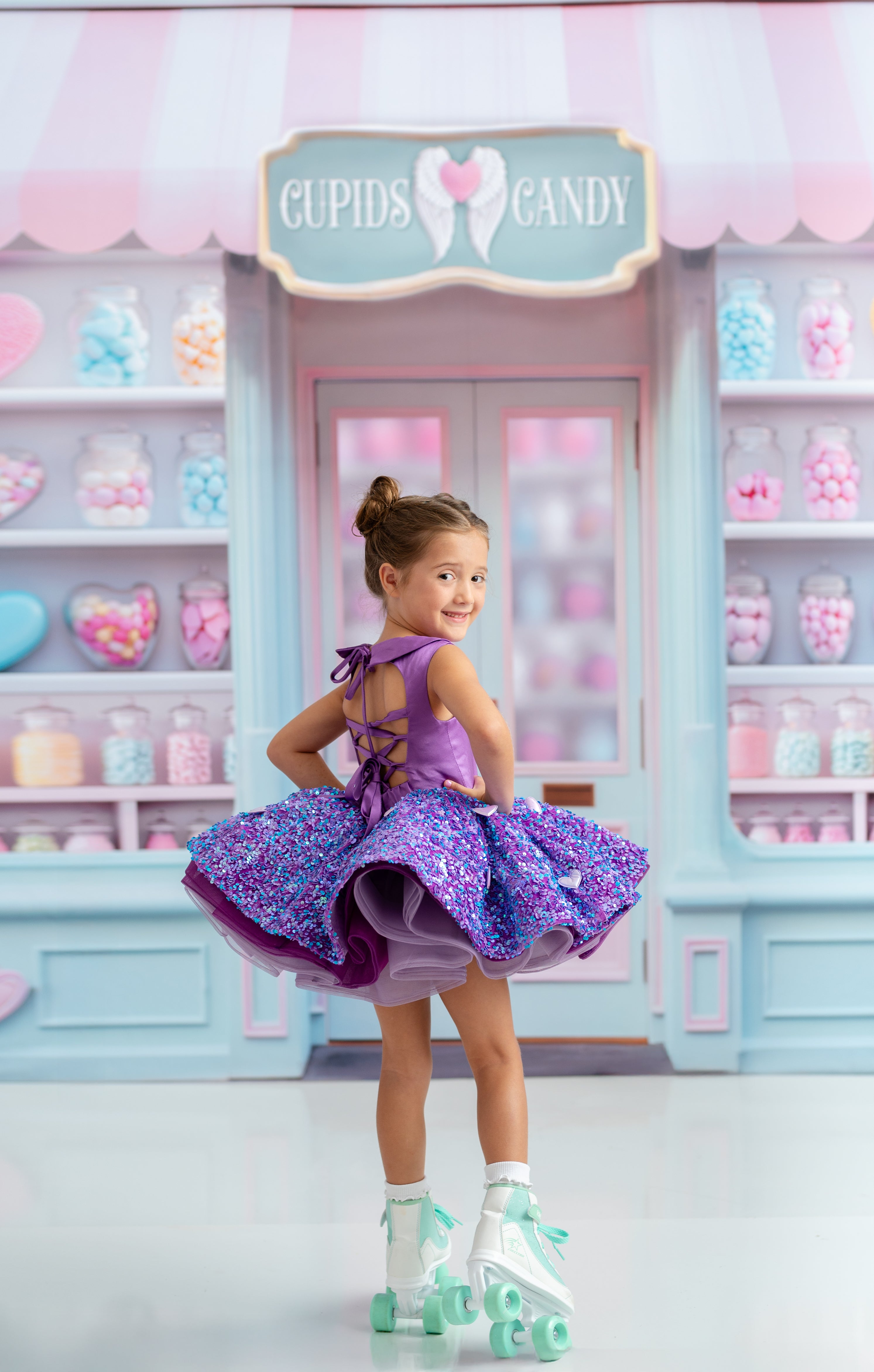 Puff sleeve lavender satin and sequin gown for little girls – Bentley and Lace couture design.
