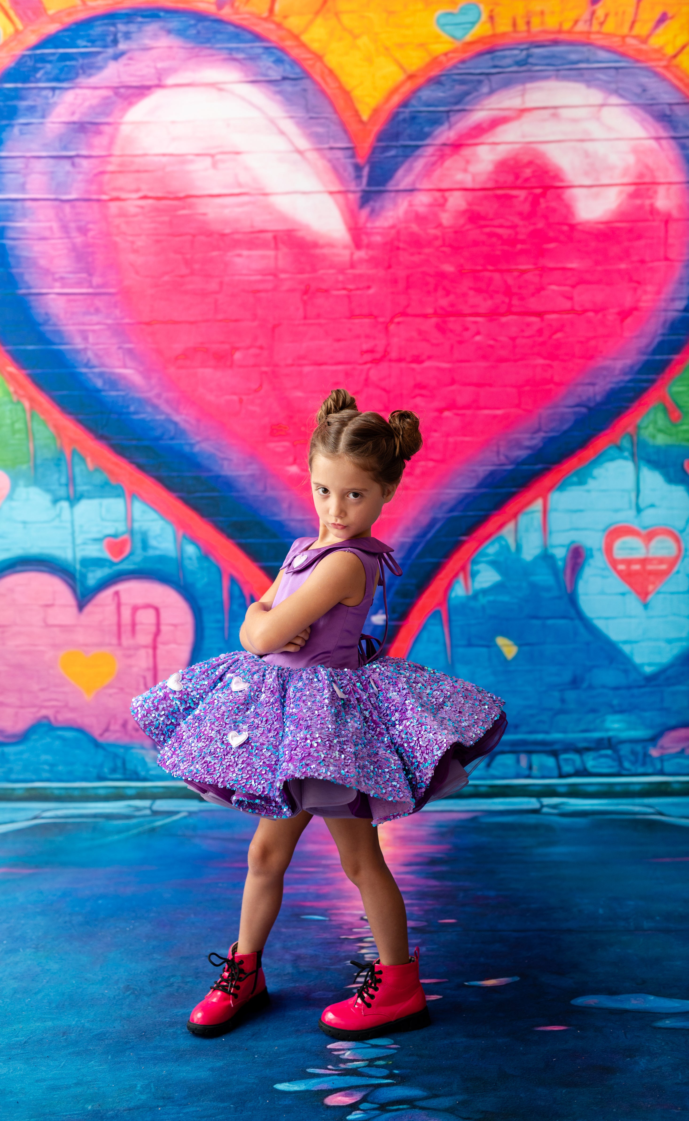 Little girl in lavender couture gown styled with a matching bow headband.