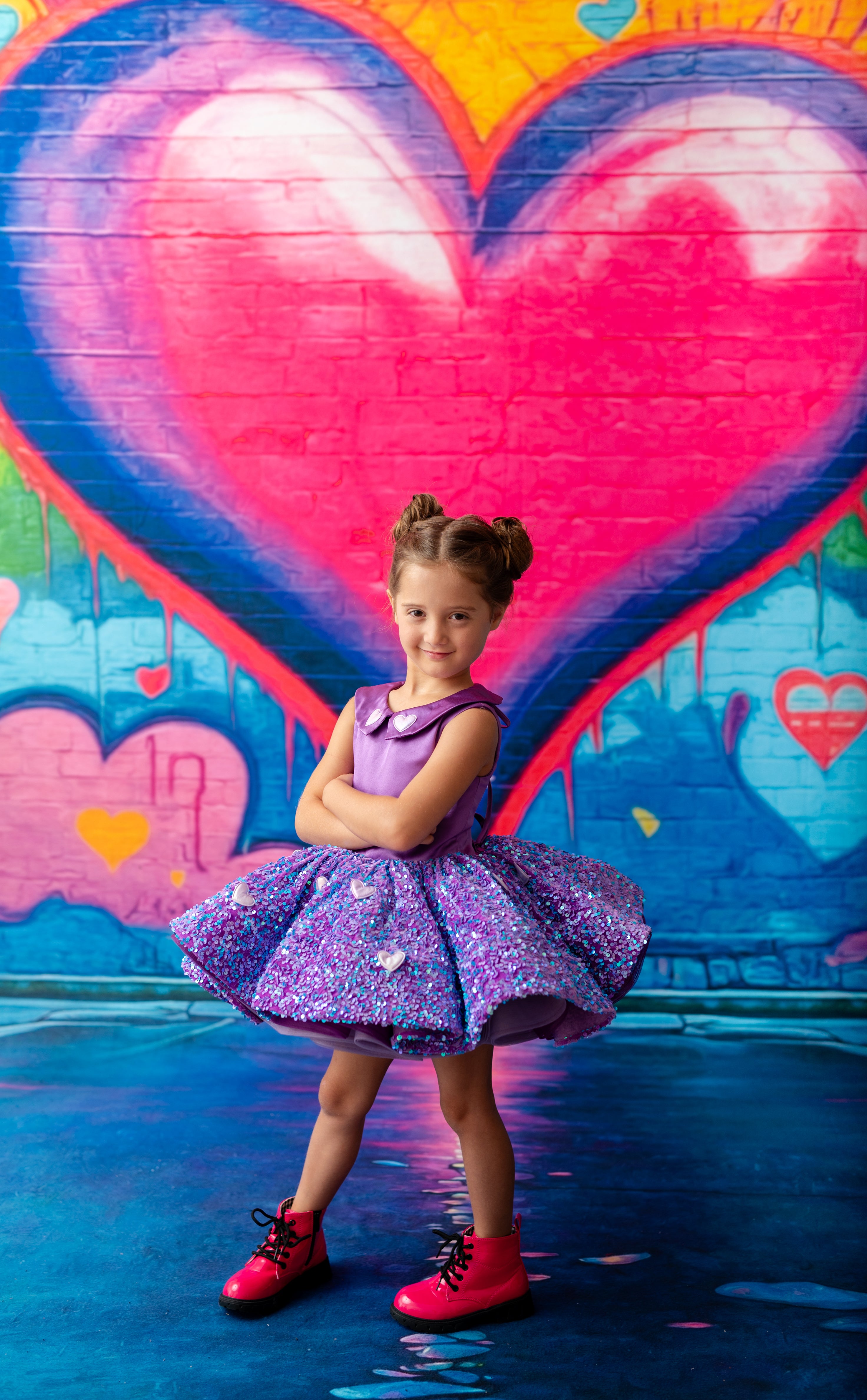 Detailed view of Bentley and Lace Lovebug dress with glittering purple sequins and soft tulle.