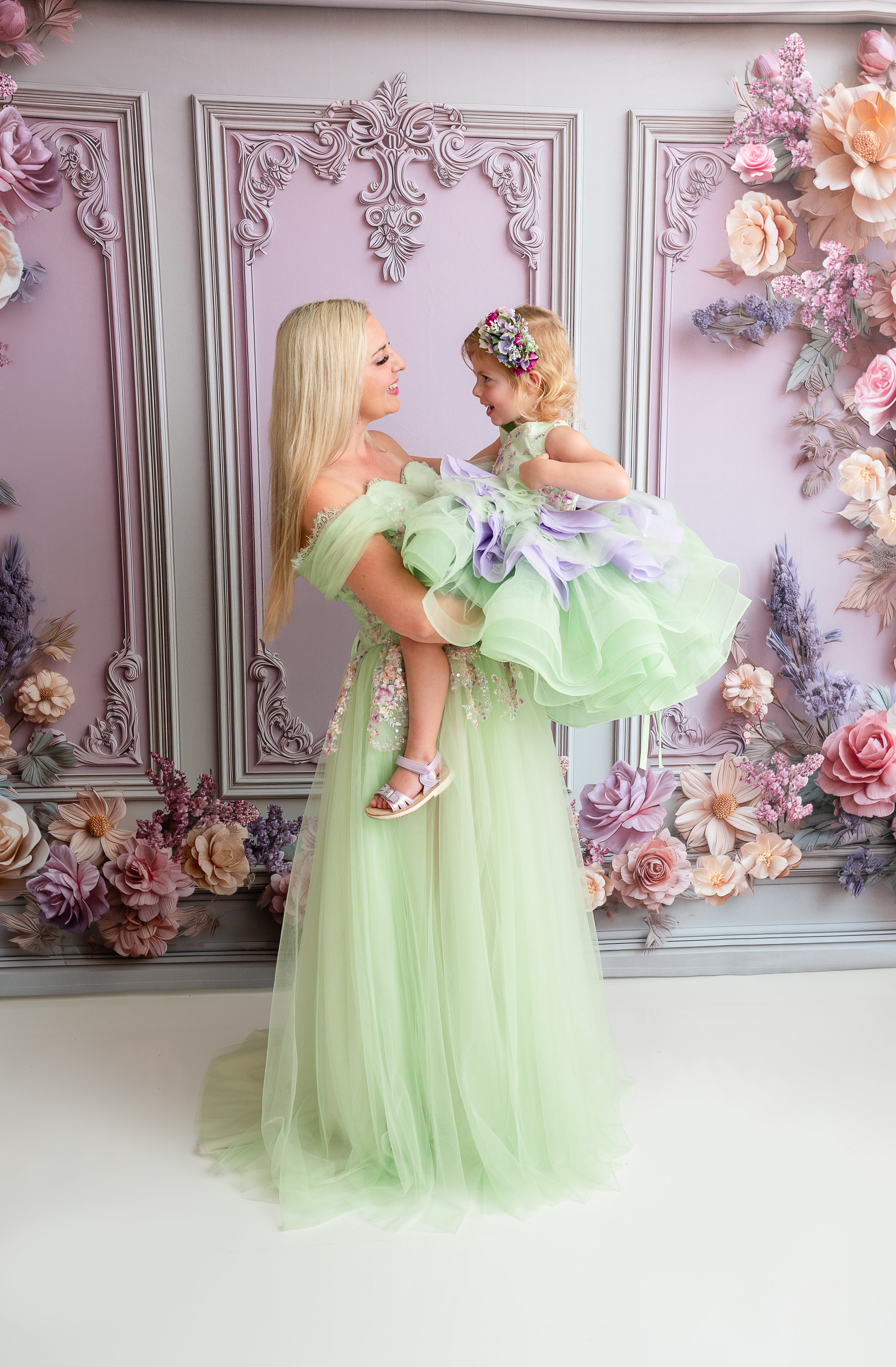 MOMMY HOLDING LITTLE ONE- MATCHING DRESSES, MOMMY AND ME GOWNS