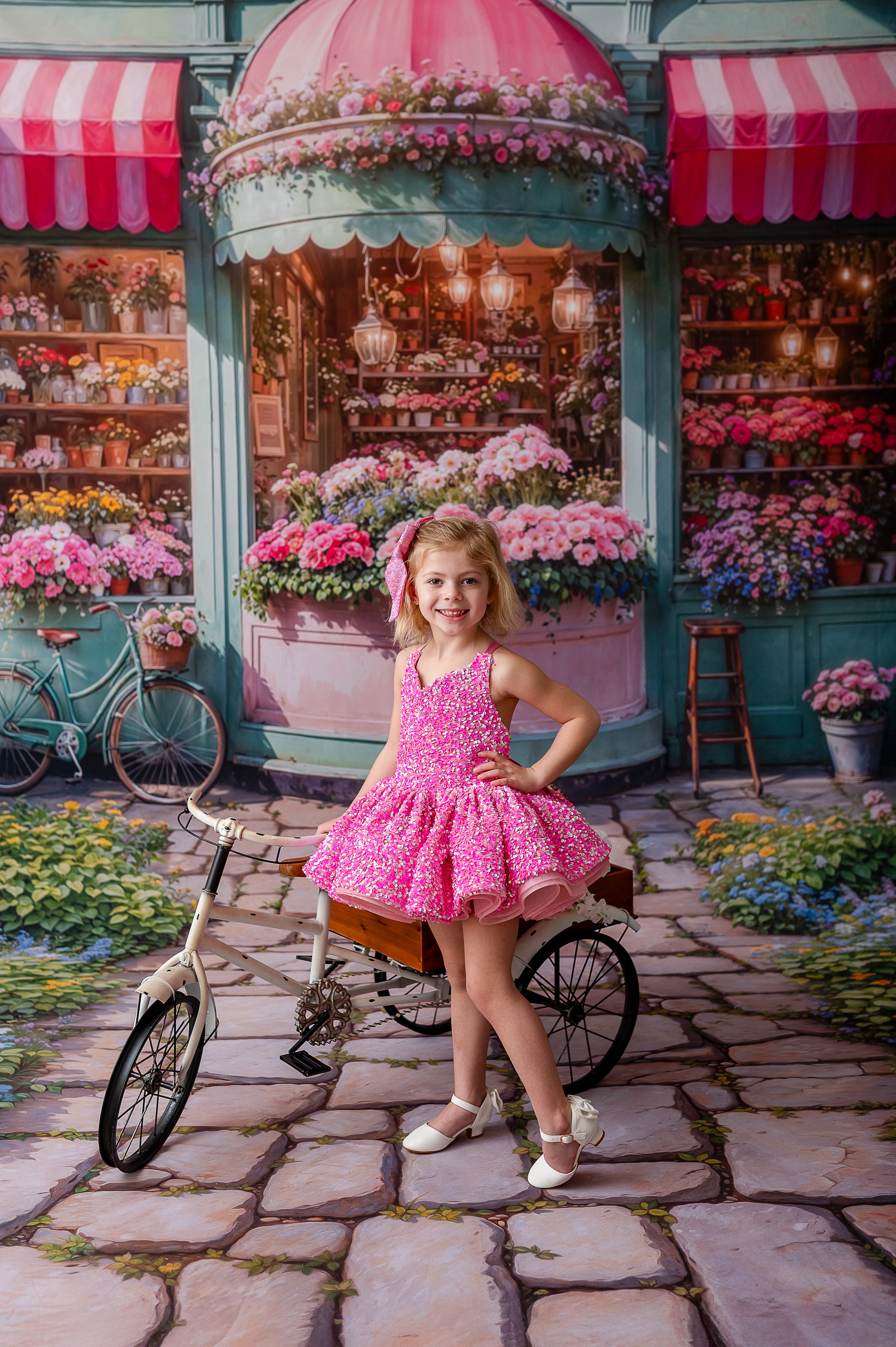 Vibrant pink ombre sequin dress with rainbow shimmer tulle for a dazzling effect.