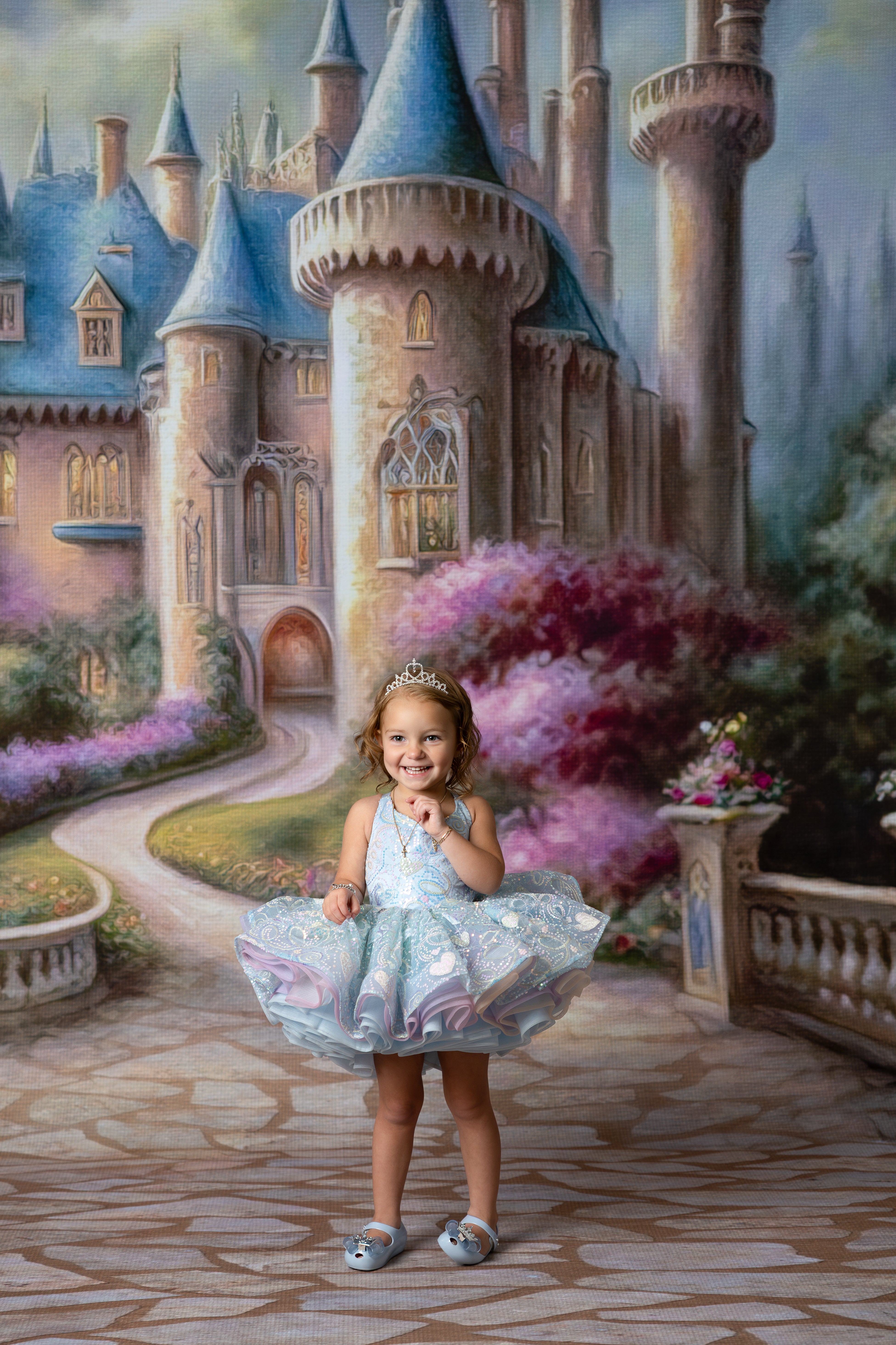 Girls' party gown with ombre tulle and built-in petticoat for extra volume.