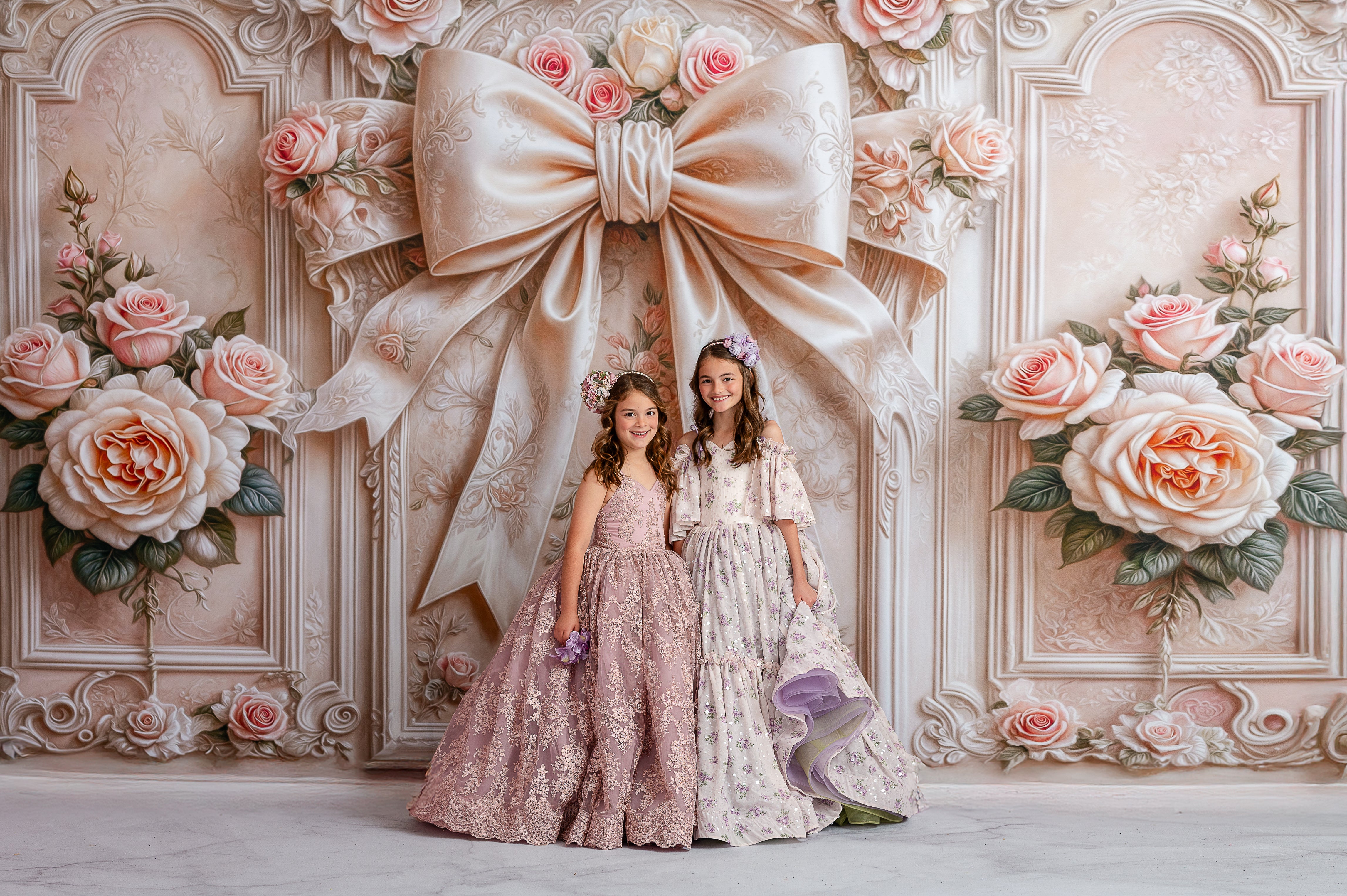 "Addison" Couture Rental Gown in Dusty Mauve, designed for 5- to 7-year-olds, showcasing a sleeveless bodice and flowing floor-length design.