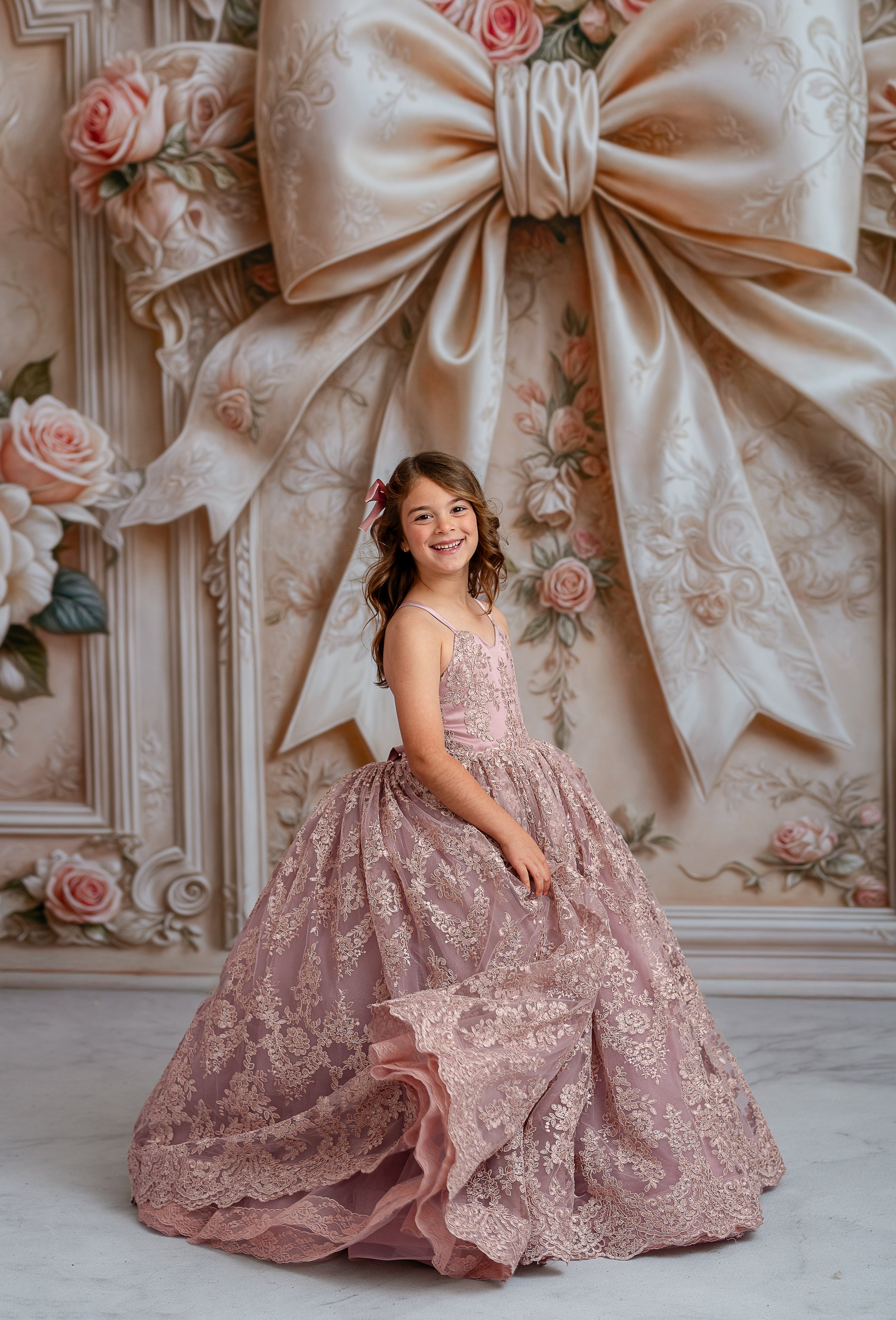 Charming "Addison" dress in Dusty Mauve, featuring a tiered skirt and intricate lacework, tailored for girls aged 5 to 7.
