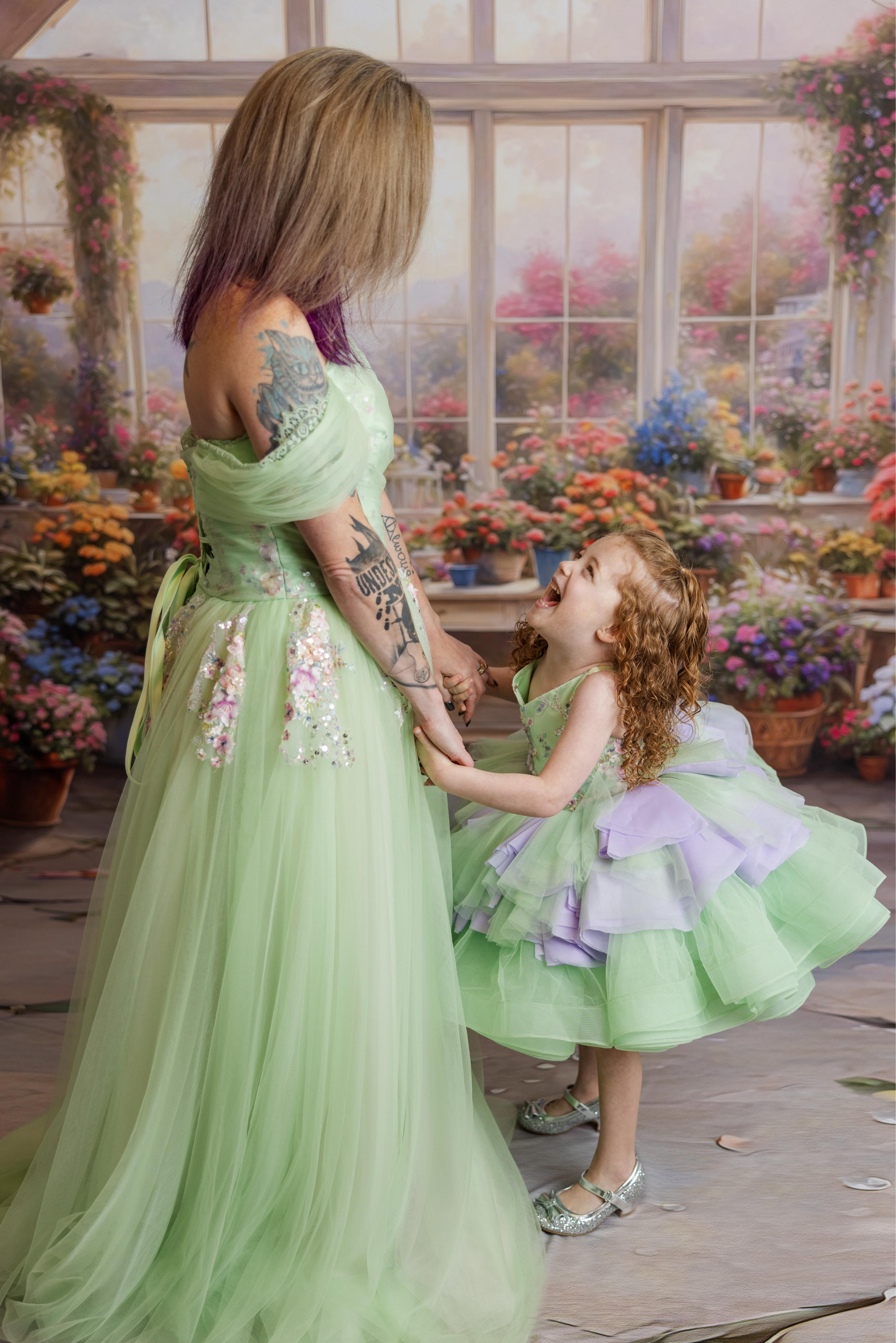 "Meadow Mist " - Petal length dress ( 4 Year - Petite 7)