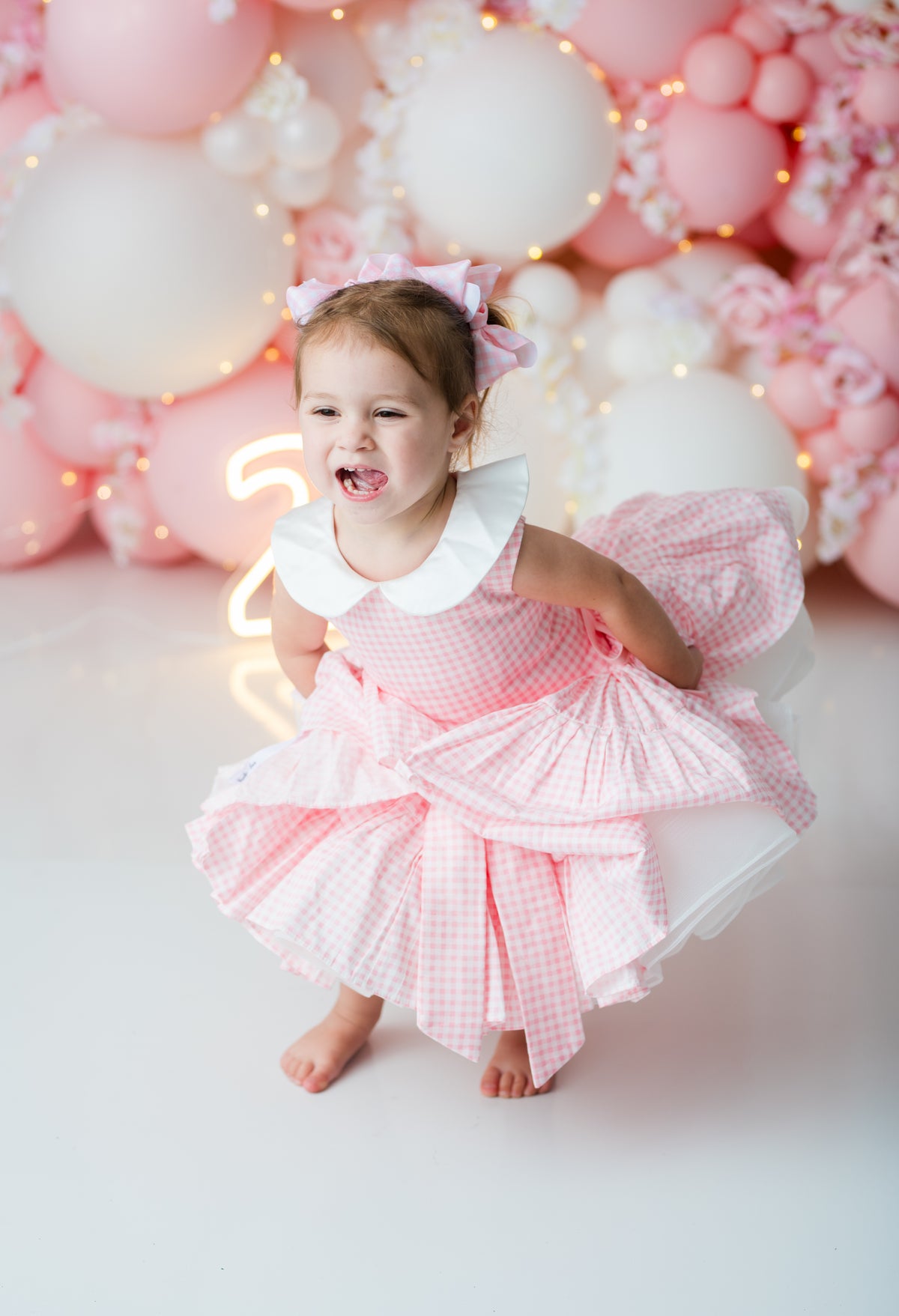 Girls couture gingham dress with satin straps and full tulle skirt