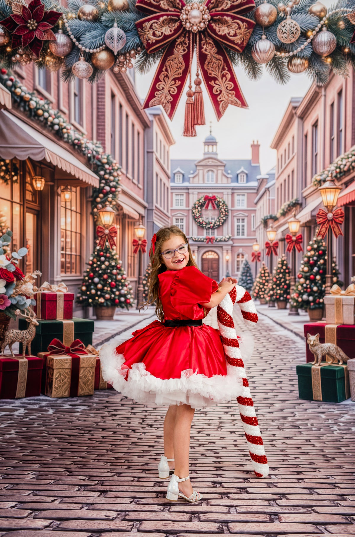 A young girl in a festive red and white Christmas dress stands on a cobblestone street, holding a large candy cane. The background is a beautifully decorated Christmas town square with evergreen trees, wrapped gifts, and a large red bow hanging overhead.