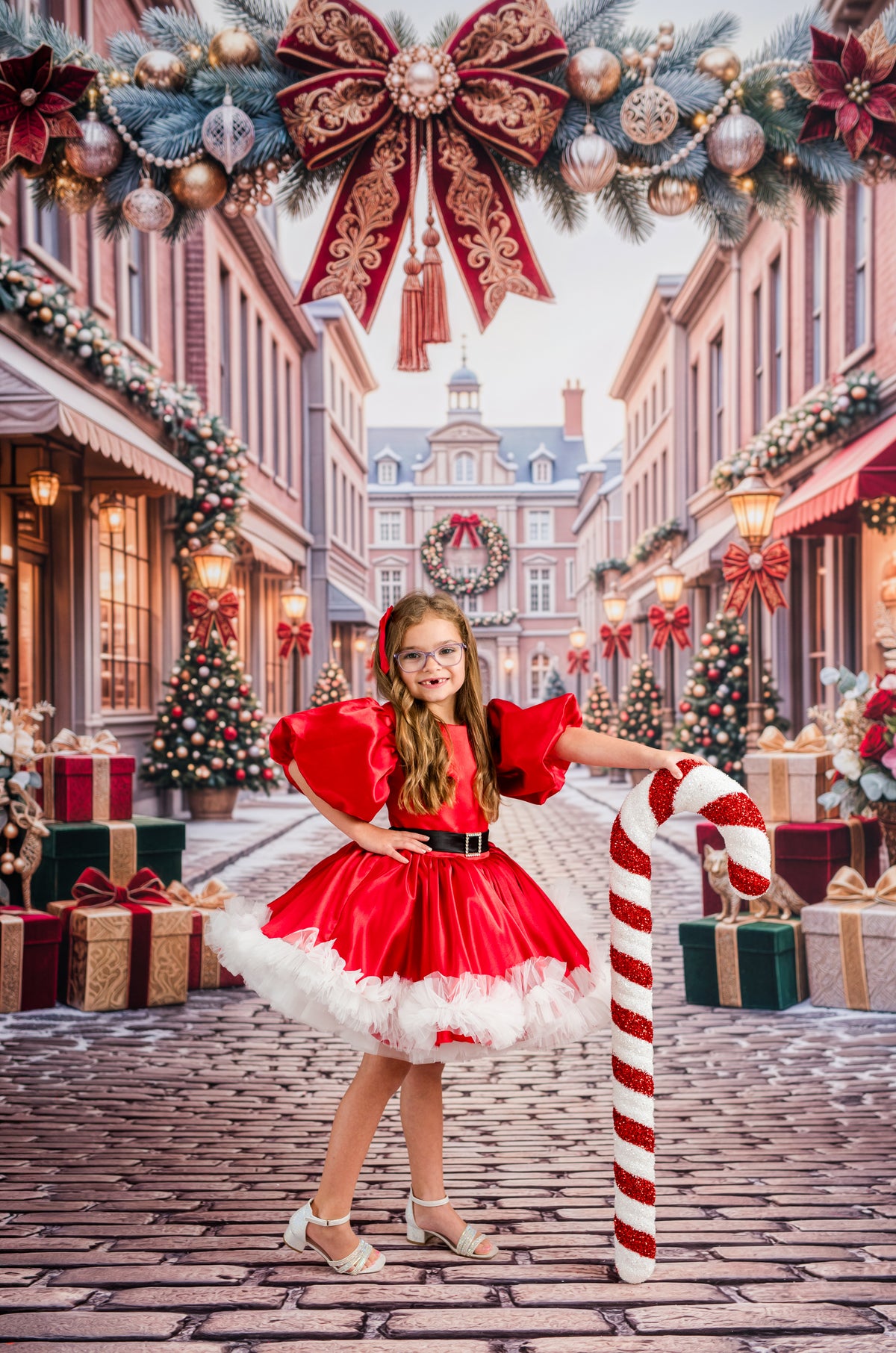 Vintage-inspired red Christmas dress rental for girls with structured full skirt