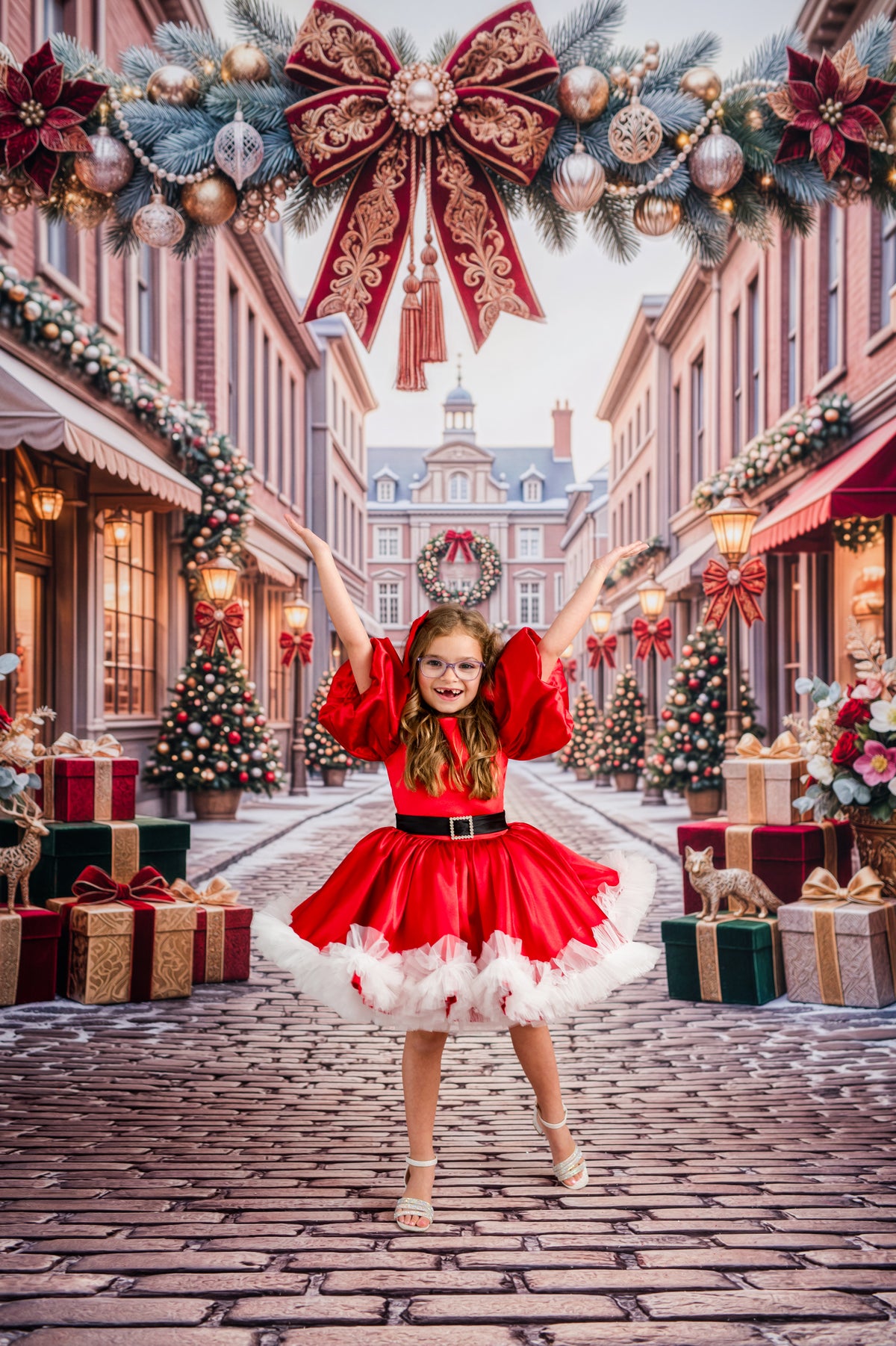 1. Girls holiday photo session dress with dramatic red puff sleeves and twirl skirt