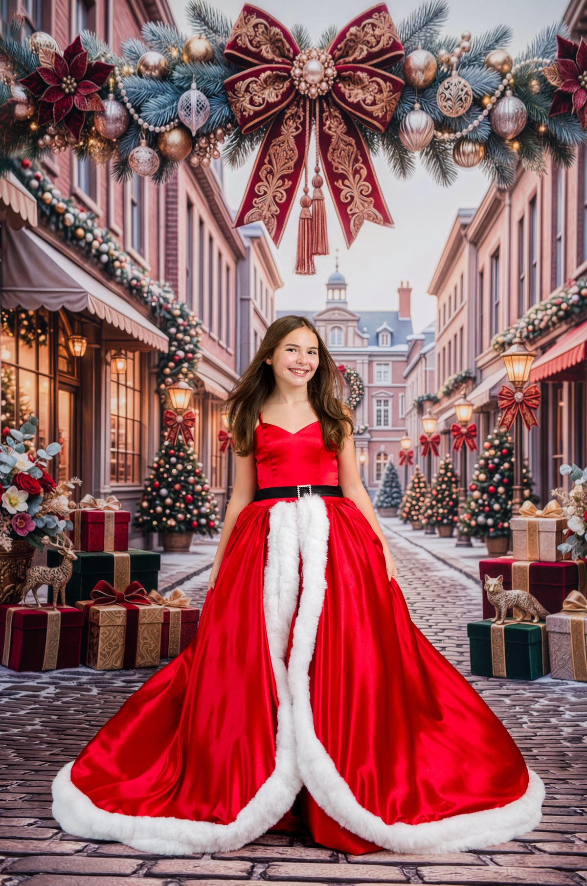 Merry & Bright Christmas portrait gown with corset back and full satin skirt