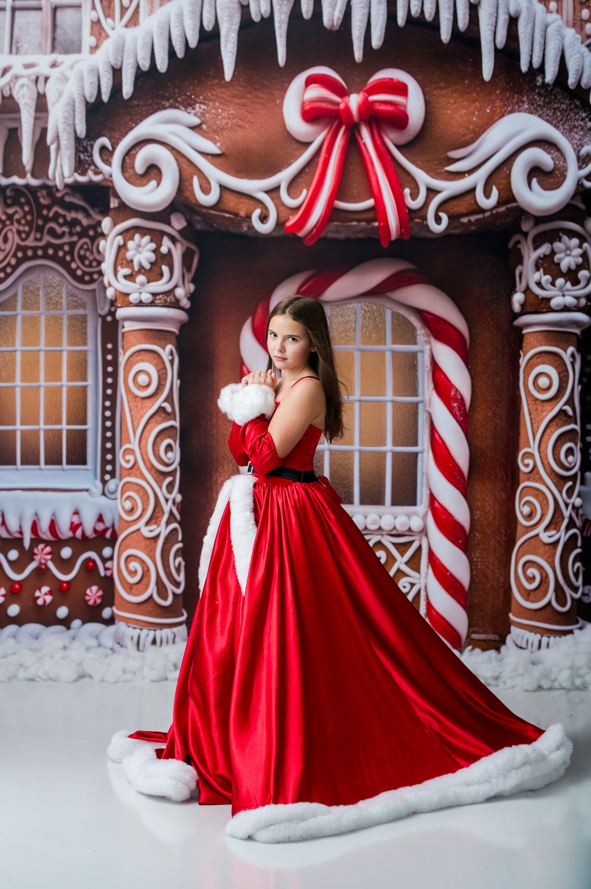 Bentley + Lace Merry & Bright red satin holiday gown with dramatic full skirt