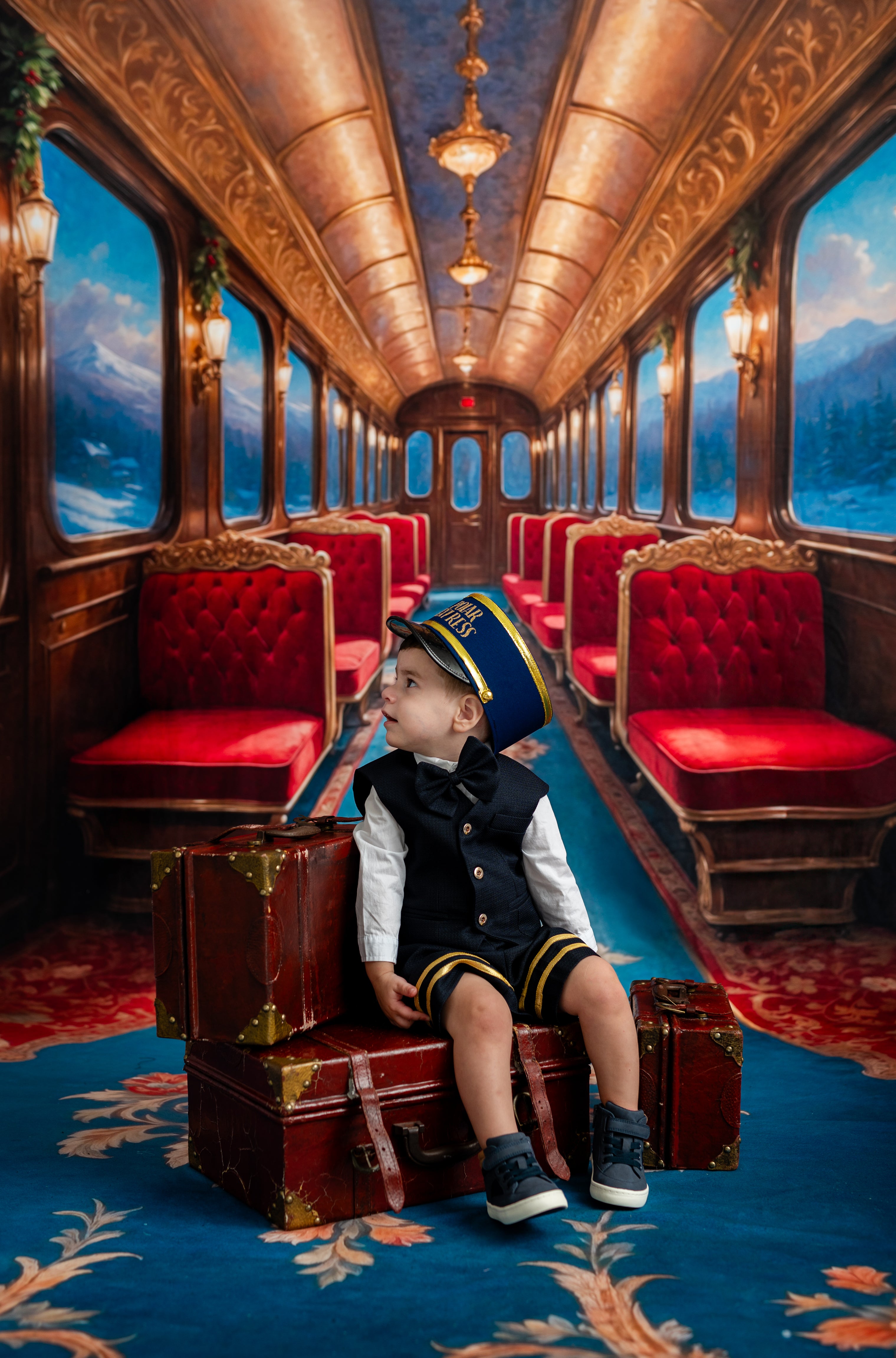 Young boy in a vintage train car with red seats and ornate decor.