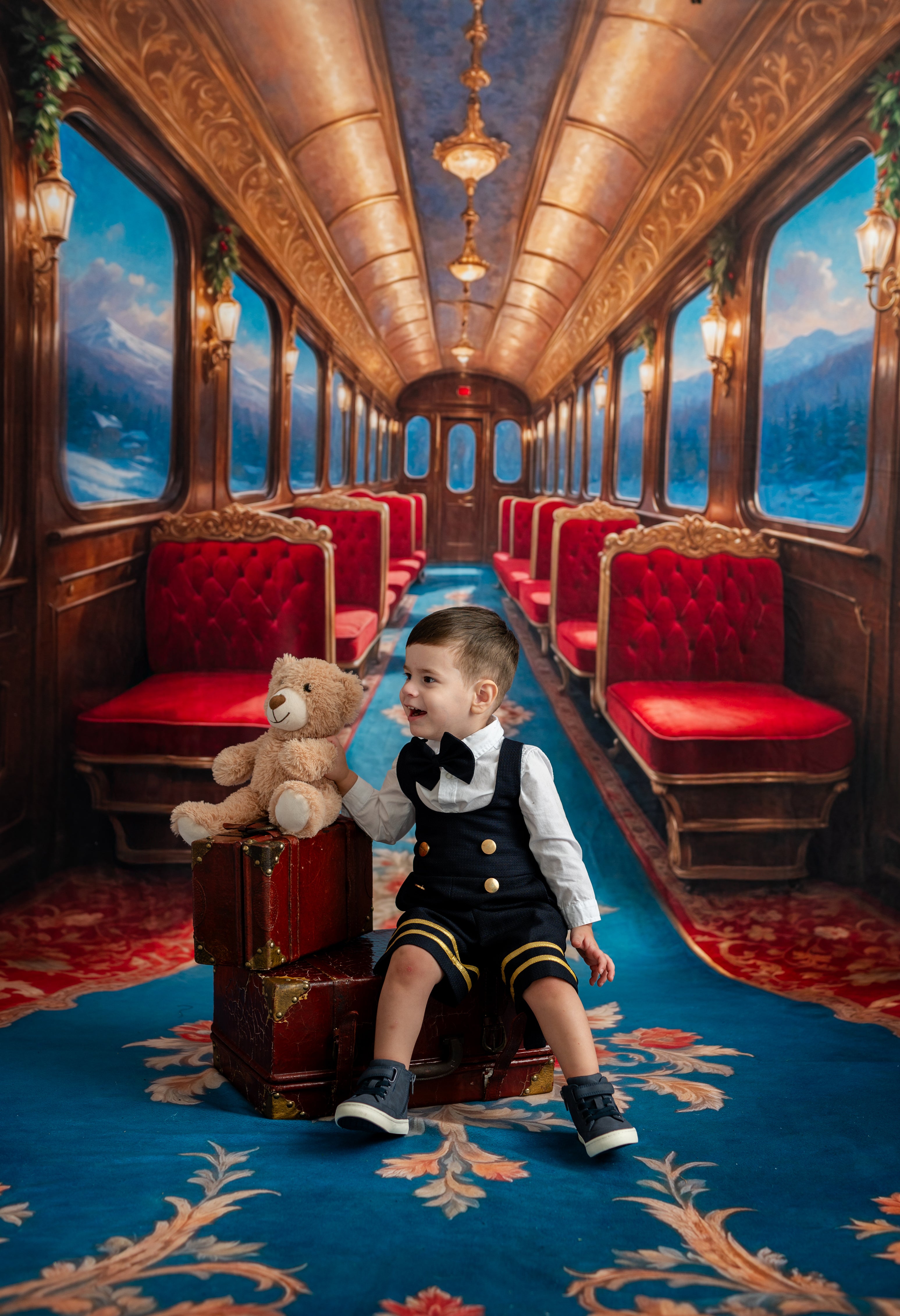 Child with a teddy bear in an opulent train carriage