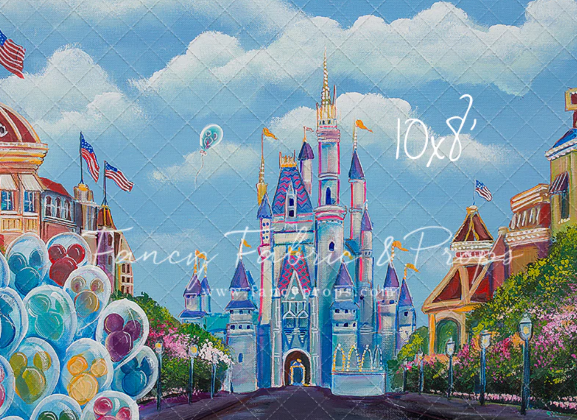 Kingdom of Magic backdrop featuring a whimsical castle and dreamy sky, ideal for fantasy-themed photoshoots and events. Vibrant colors and detailed design by Fancy Fabric and Props.