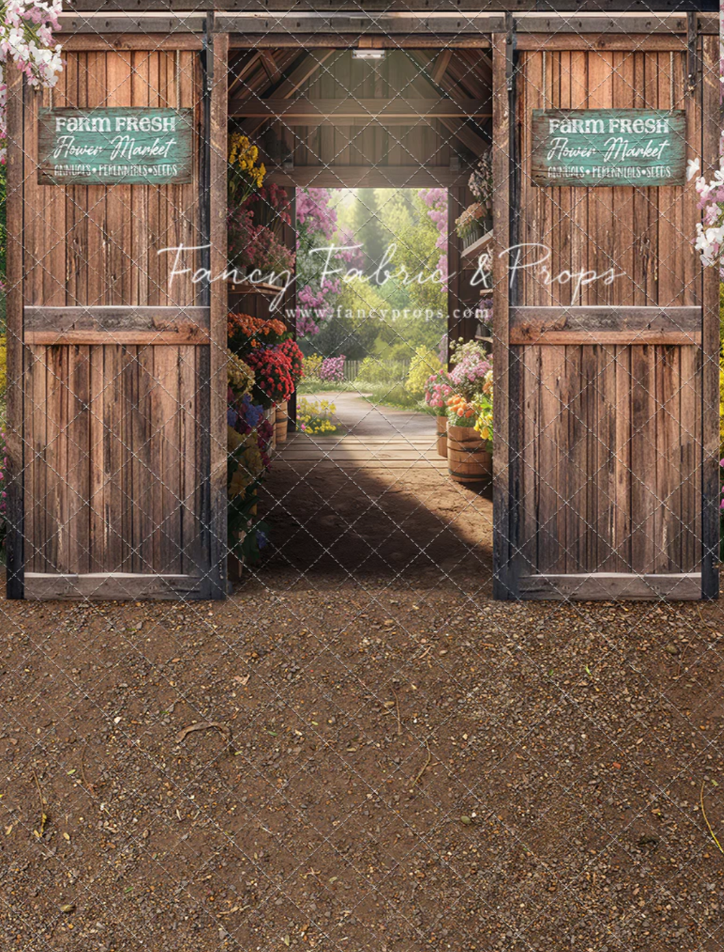 Farm Fresh Flower Barn backdrop with a sweeping fabric design, featuring elegant, rustic charm, perfect for photography sessions.