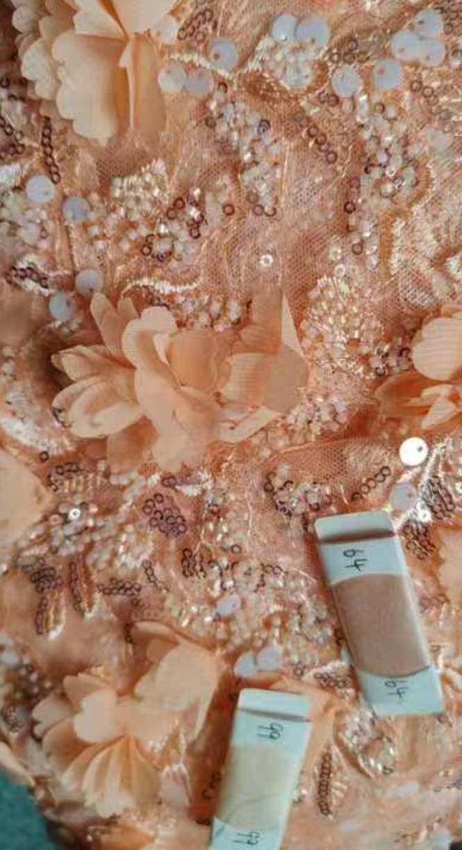 Close-up of a decorative fabric with floral patterns and sequins.