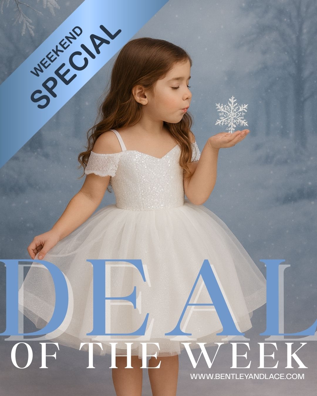 Young girl in a white dress holding a snowflake against a snowy background with text overlay.
