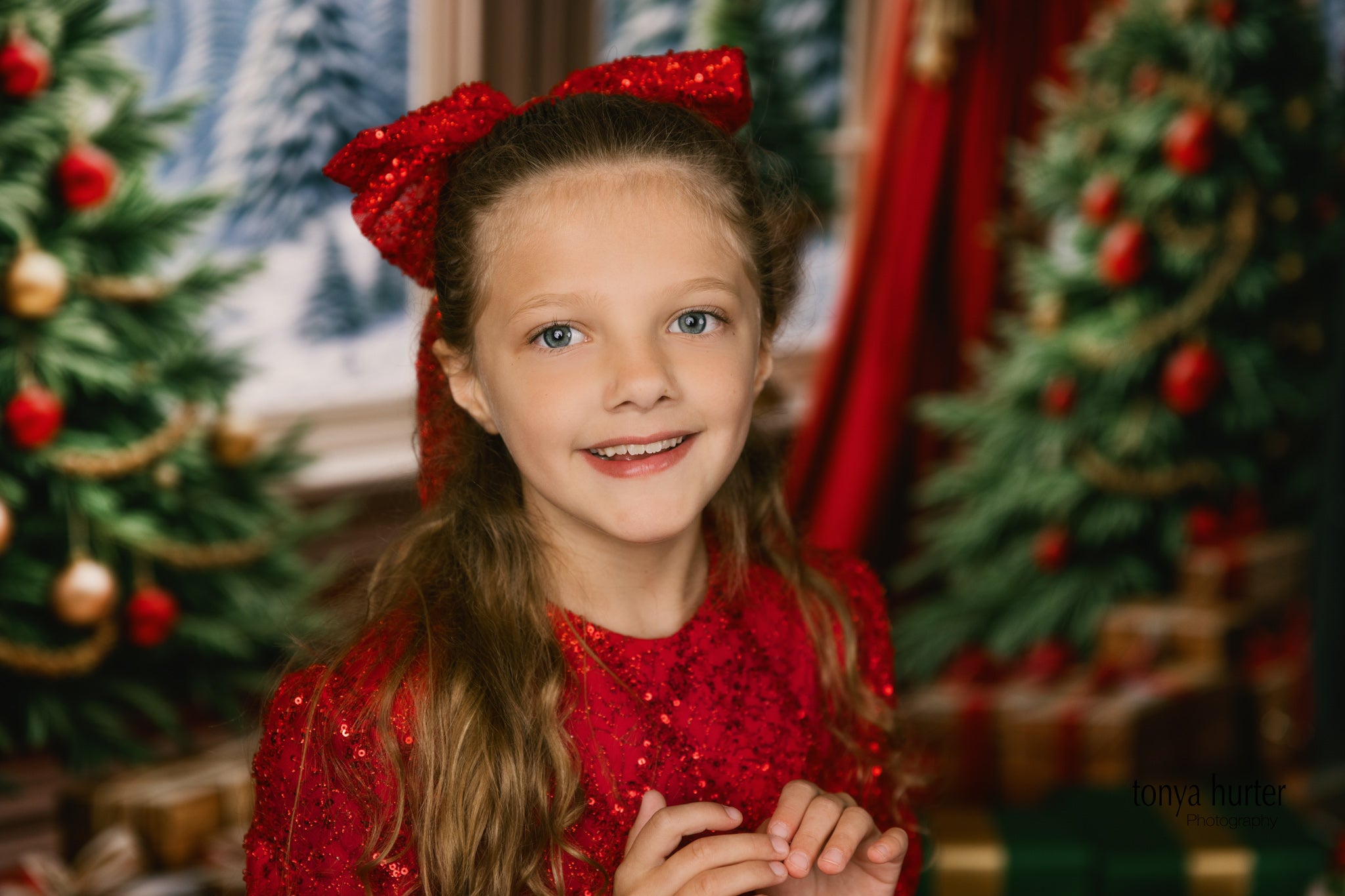 Scarlet Sparkle gown styled for a photoshoot with soft natural light