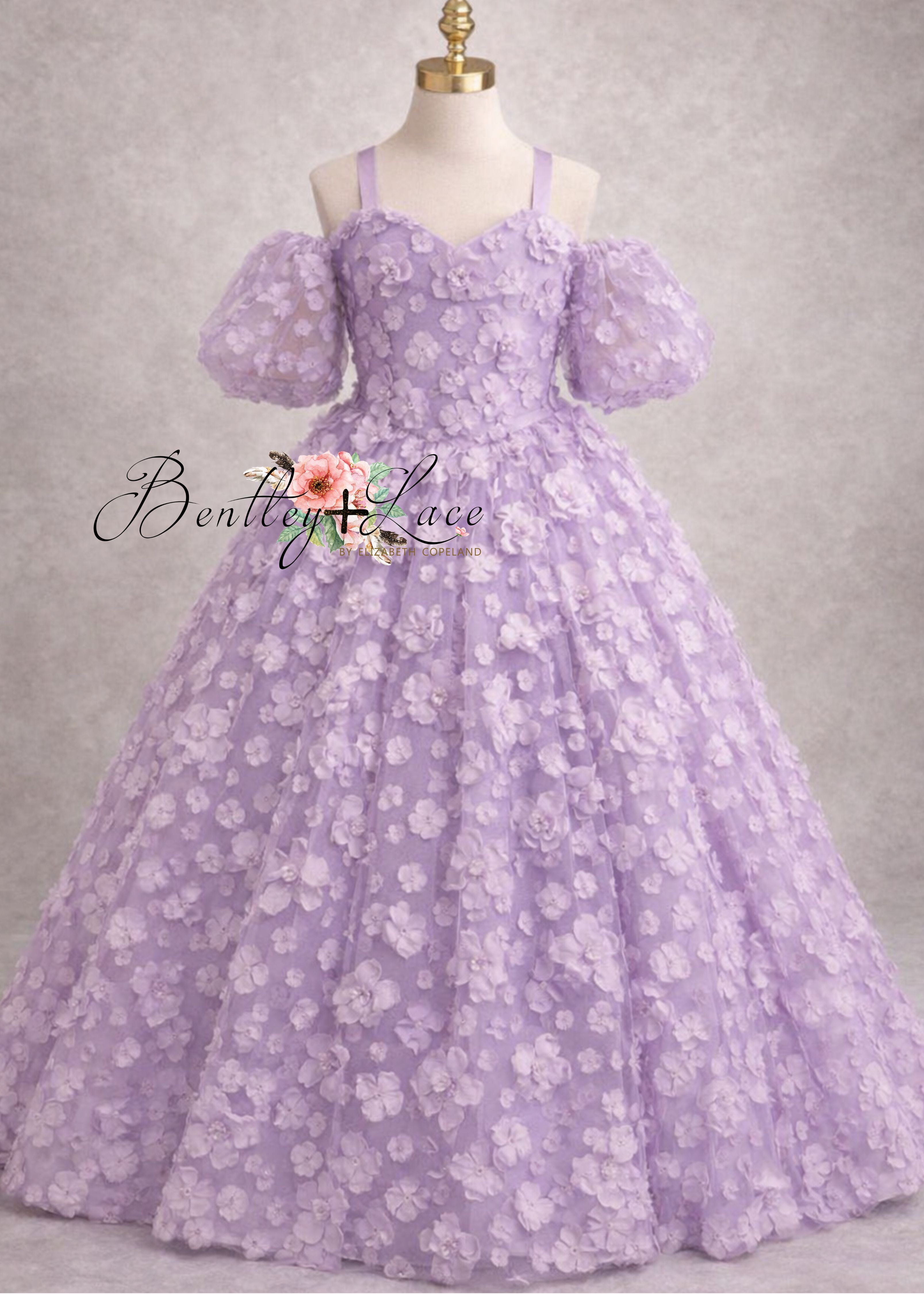 Lavender floral dress on a mannequin with 'Bentley Love' branding.