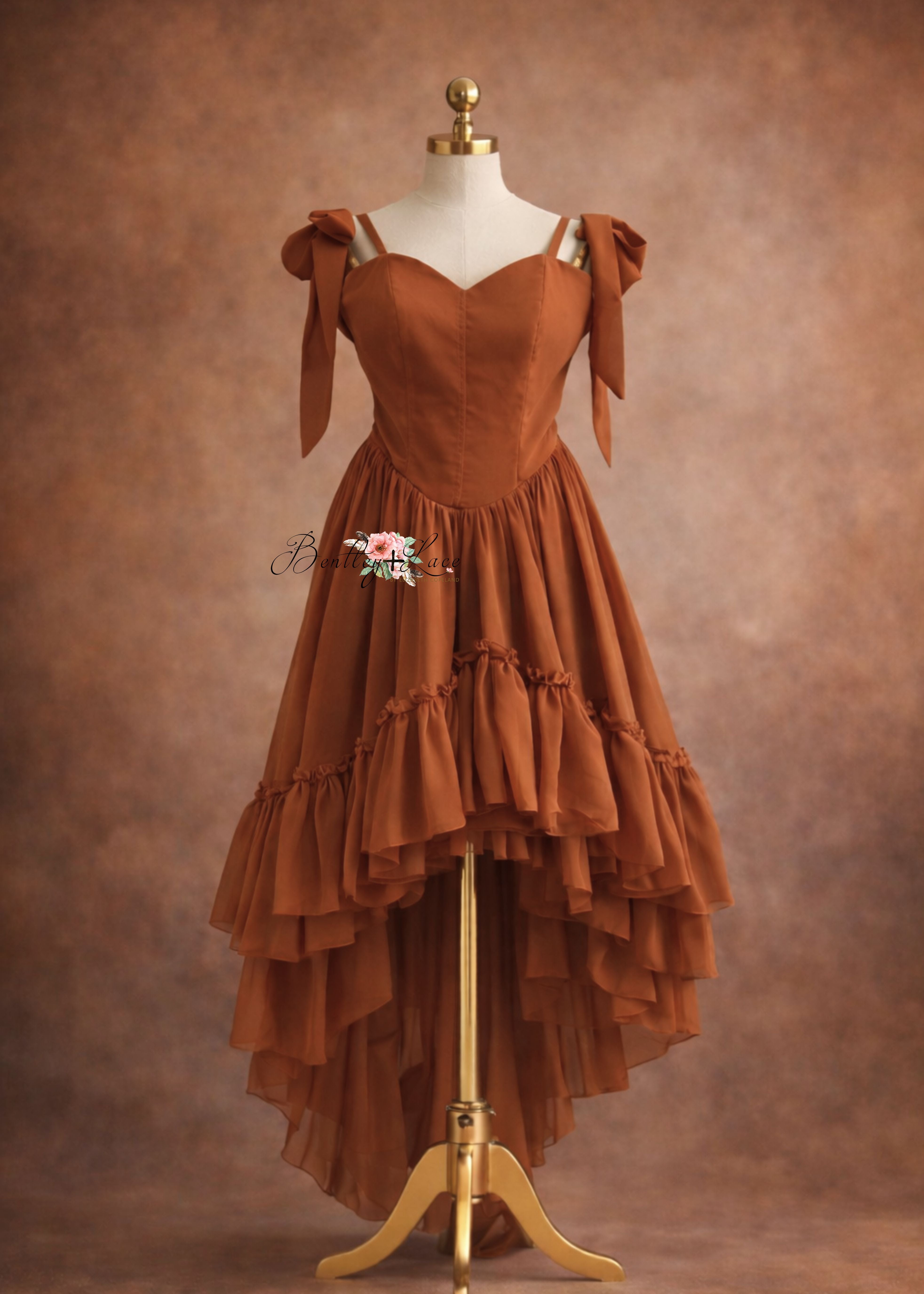 Brown dress on a mannequin against a brown background