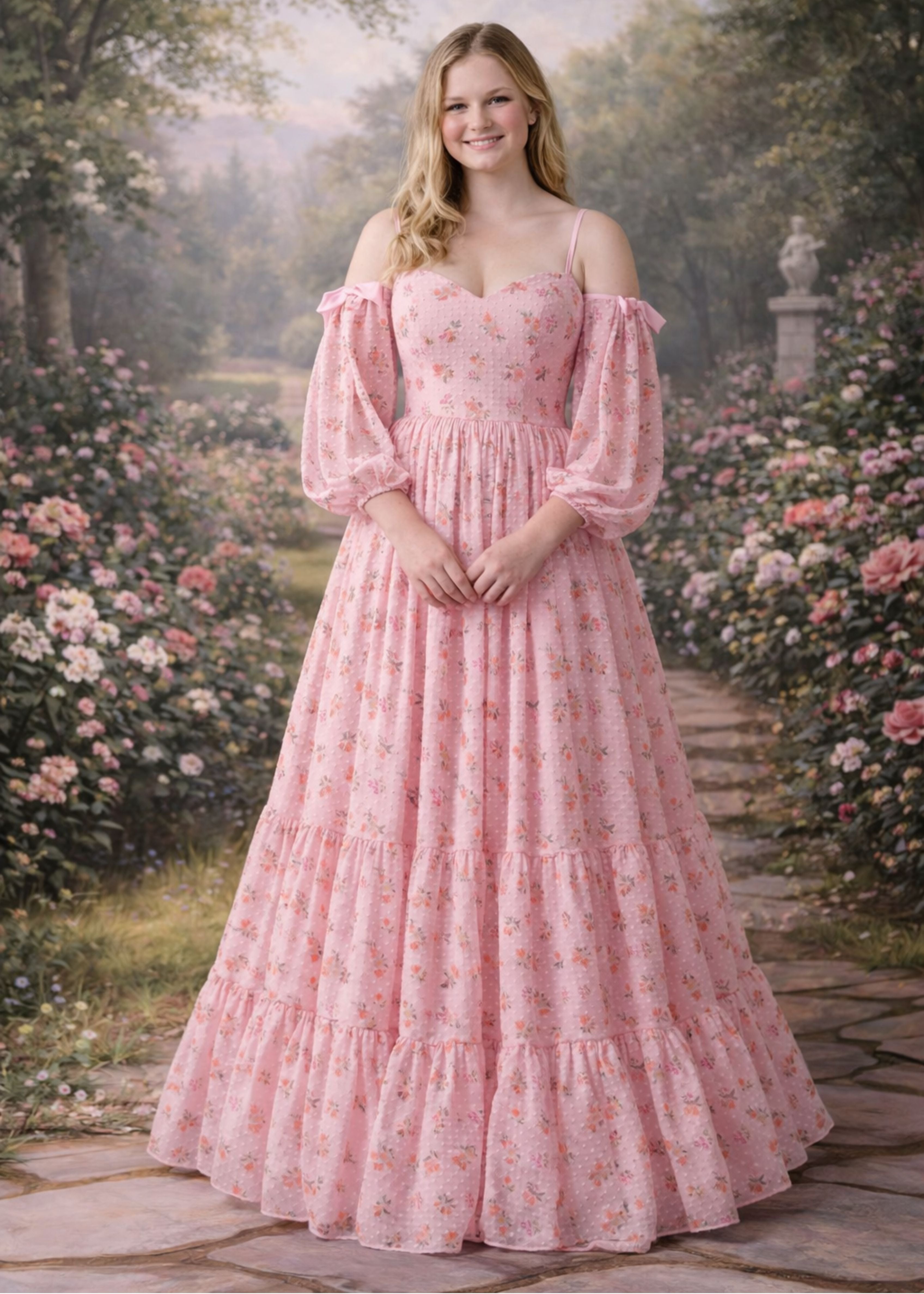 Woman in a pink floral dress standing in a garden with flowers and a path.