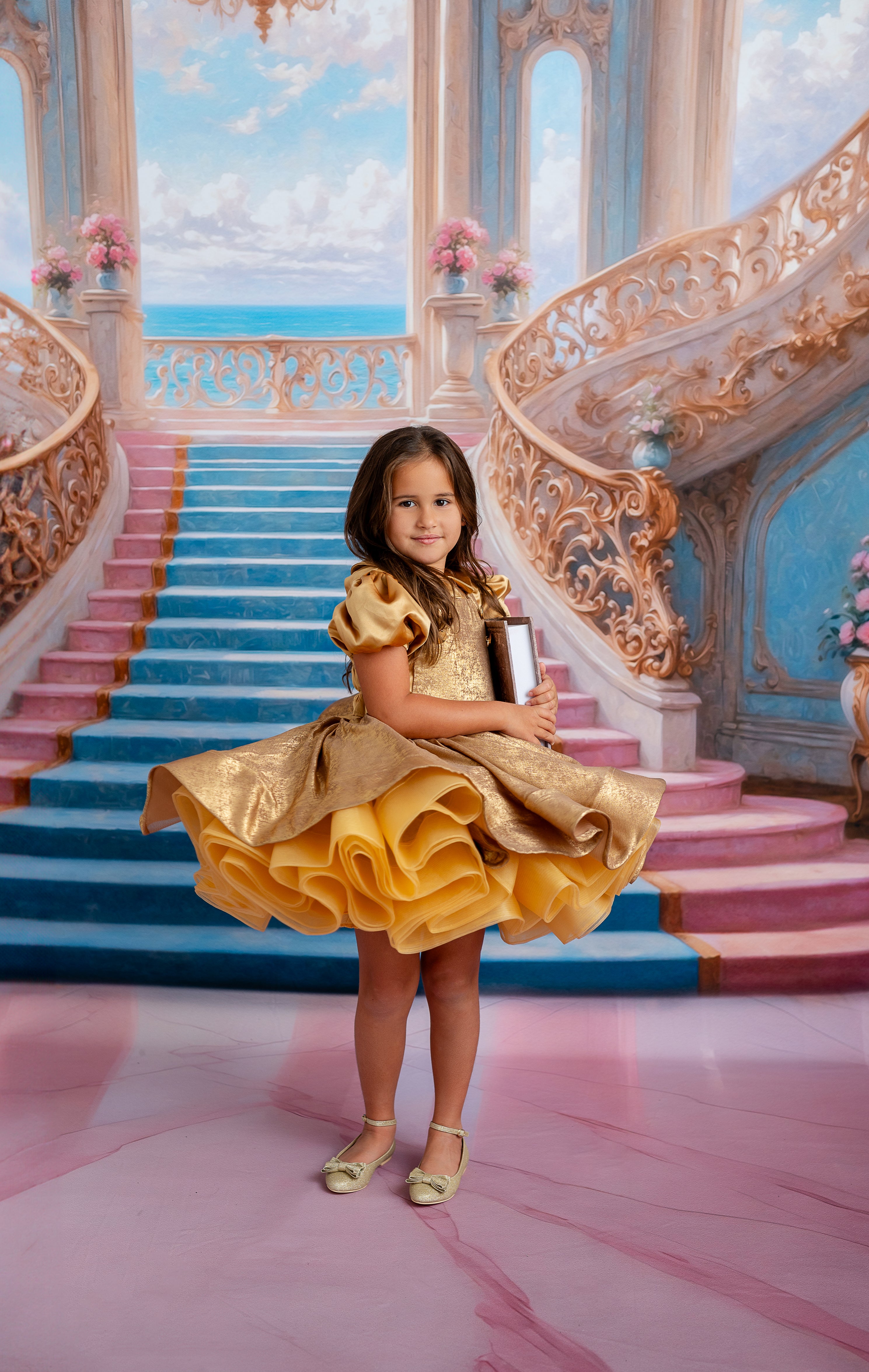 Golden Belle Vintage-Inspired Dress Petal-apron dress, detachable bodice, cape - Red (5-7 year)