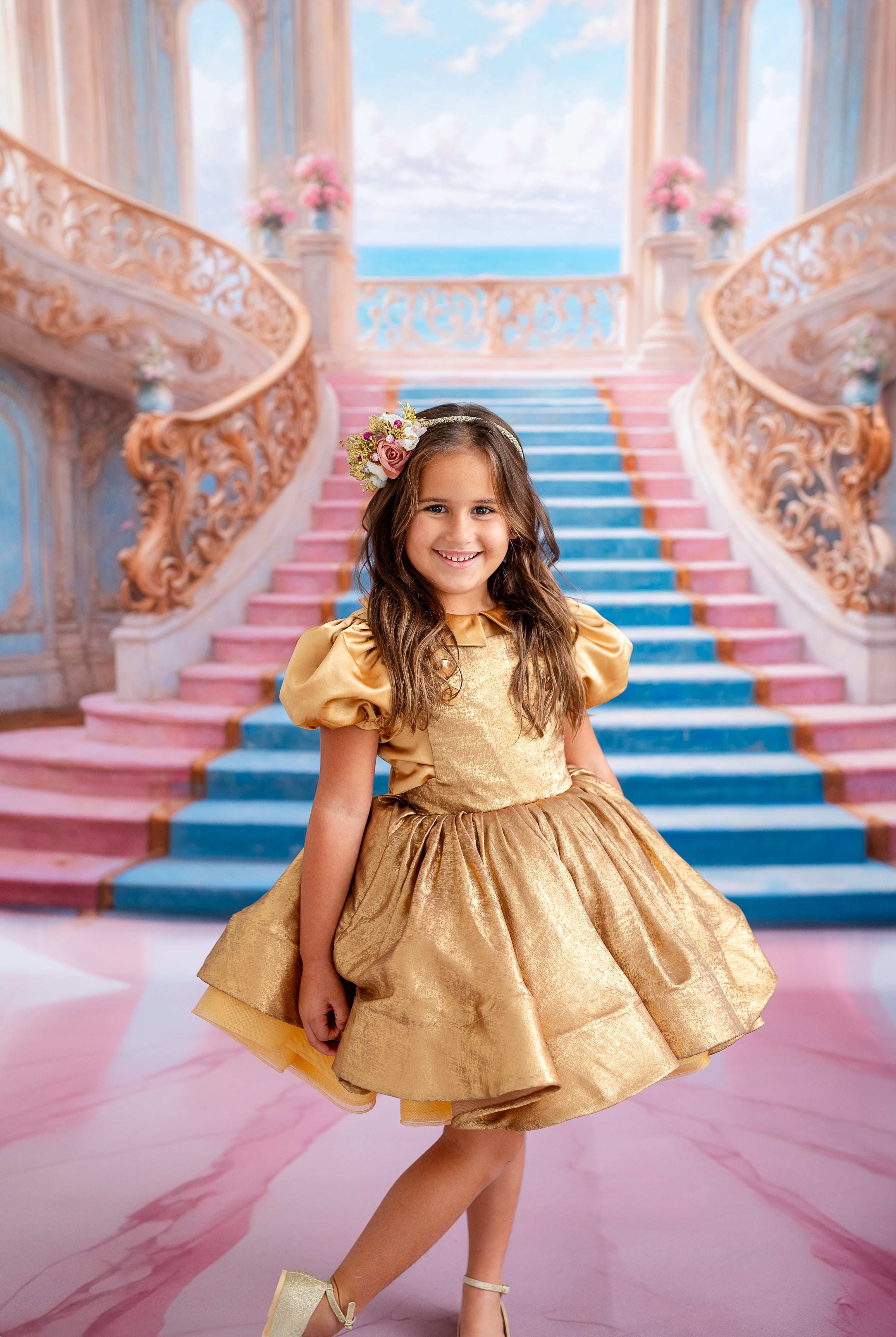 Golden Belle Vintage-Inspired Dress Petal-apron dress, detachable bodice, cape - Red (5-7 year)