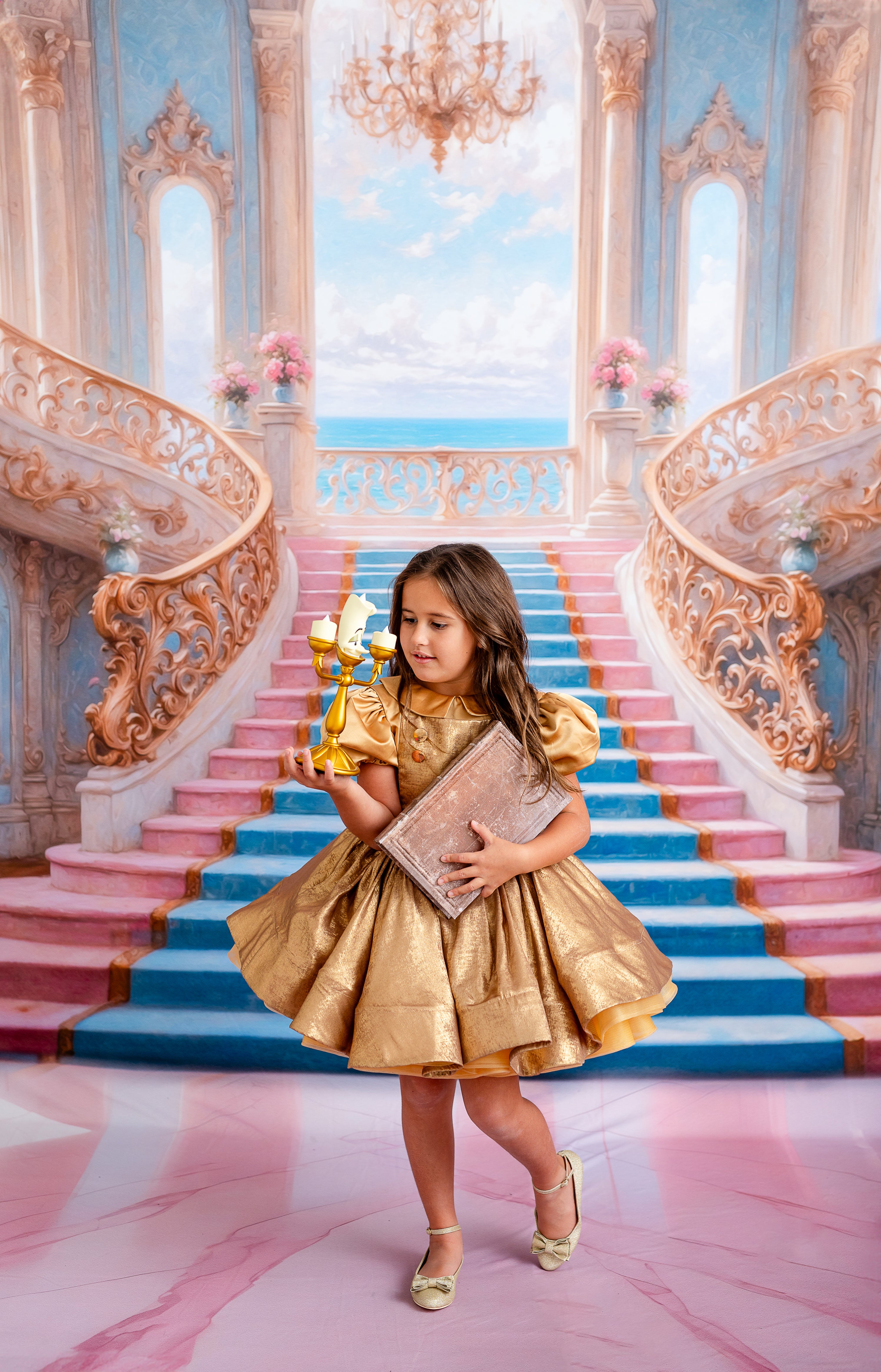 Golden Belle Vintage-Inspired Dress Petal-apron dress, detachable bodice, cape - Red (5-7 year)