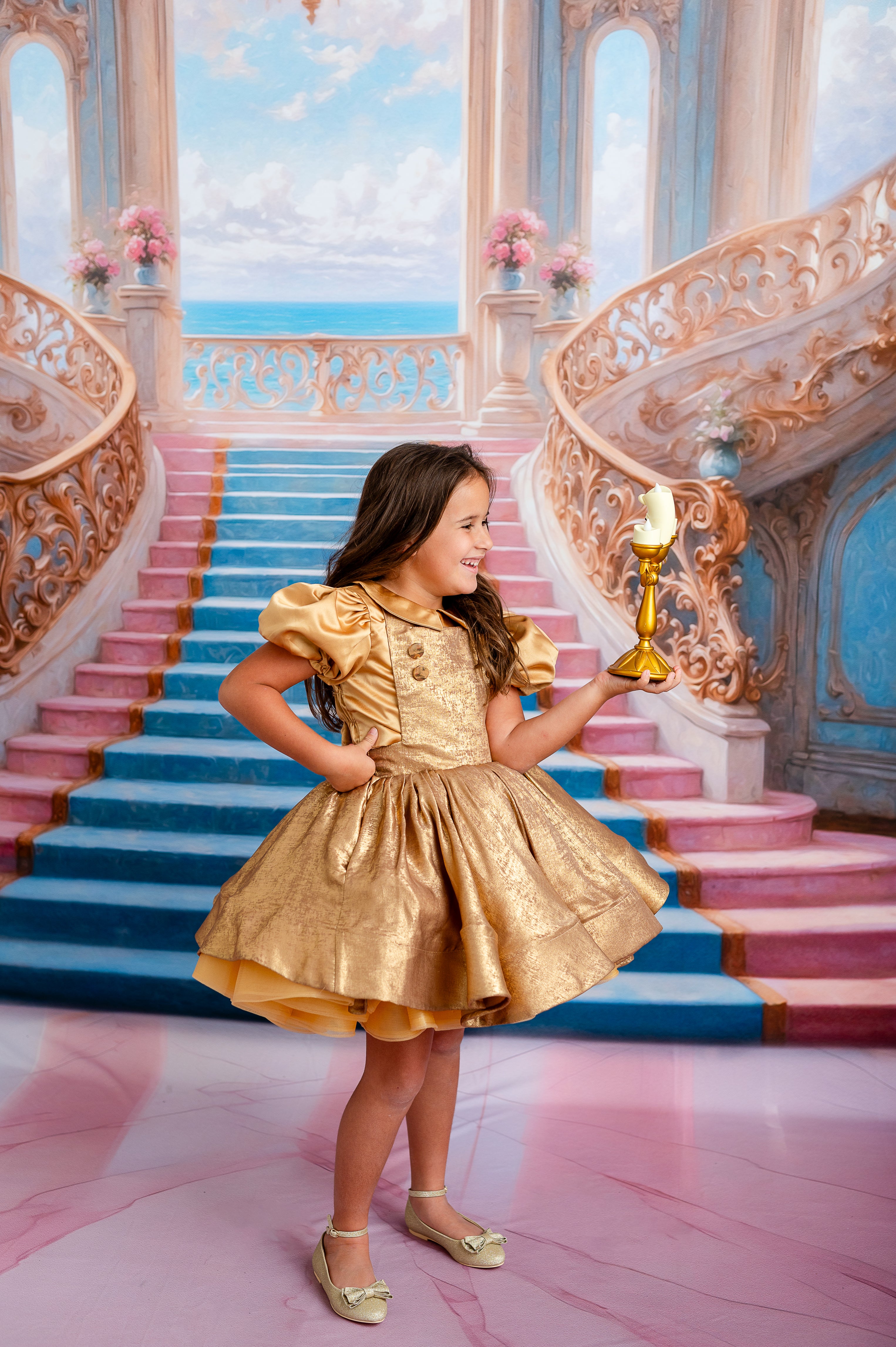 Golden Belle Vintage-Inspired Dress Petal-apron dress, detachable bodice, cape - Red (5-7 year)