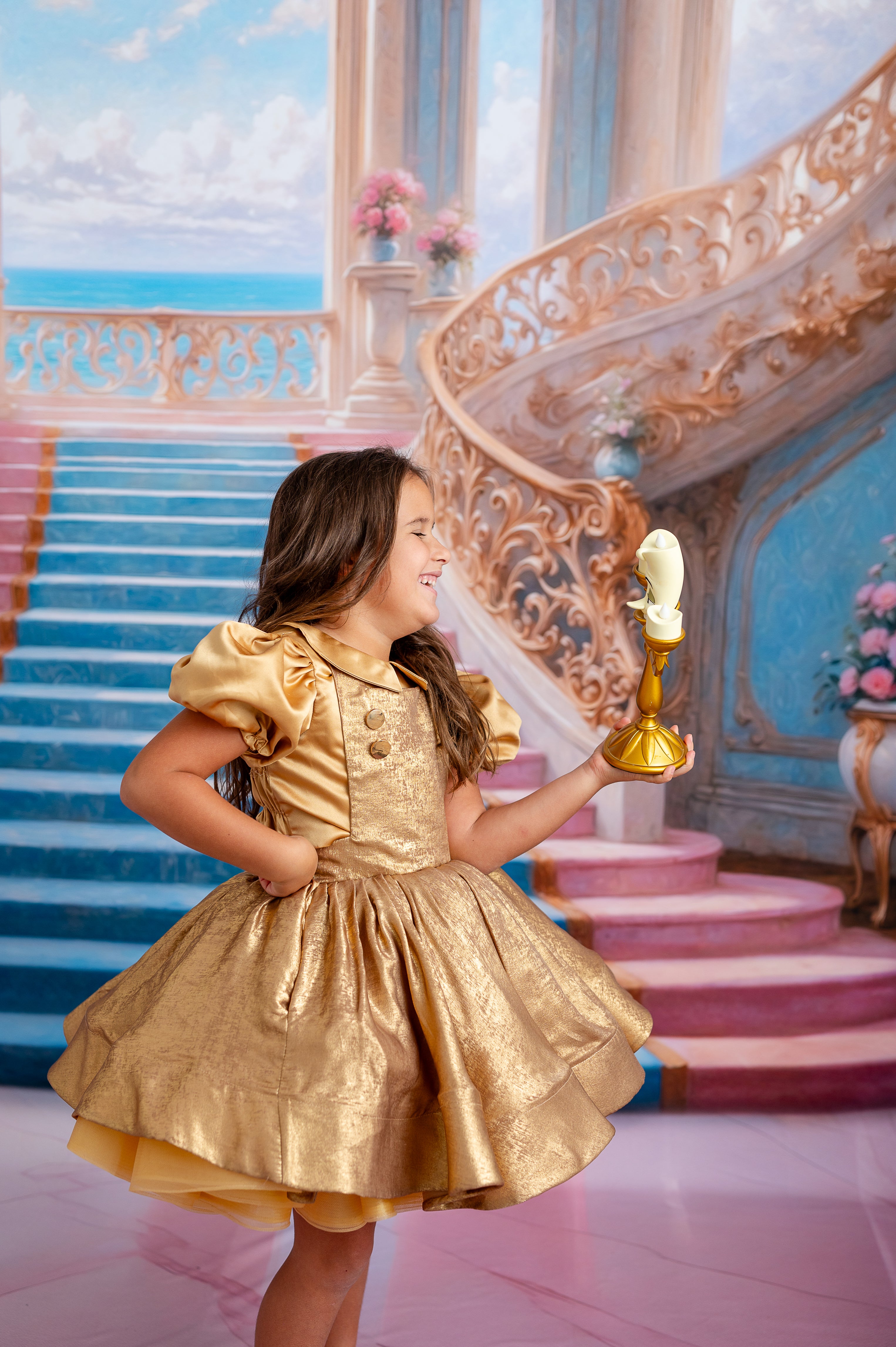 Golden Belle Vintage-Inspired Dress Petal-apron dress, detachable bodice, cape - Red (5-7 year)