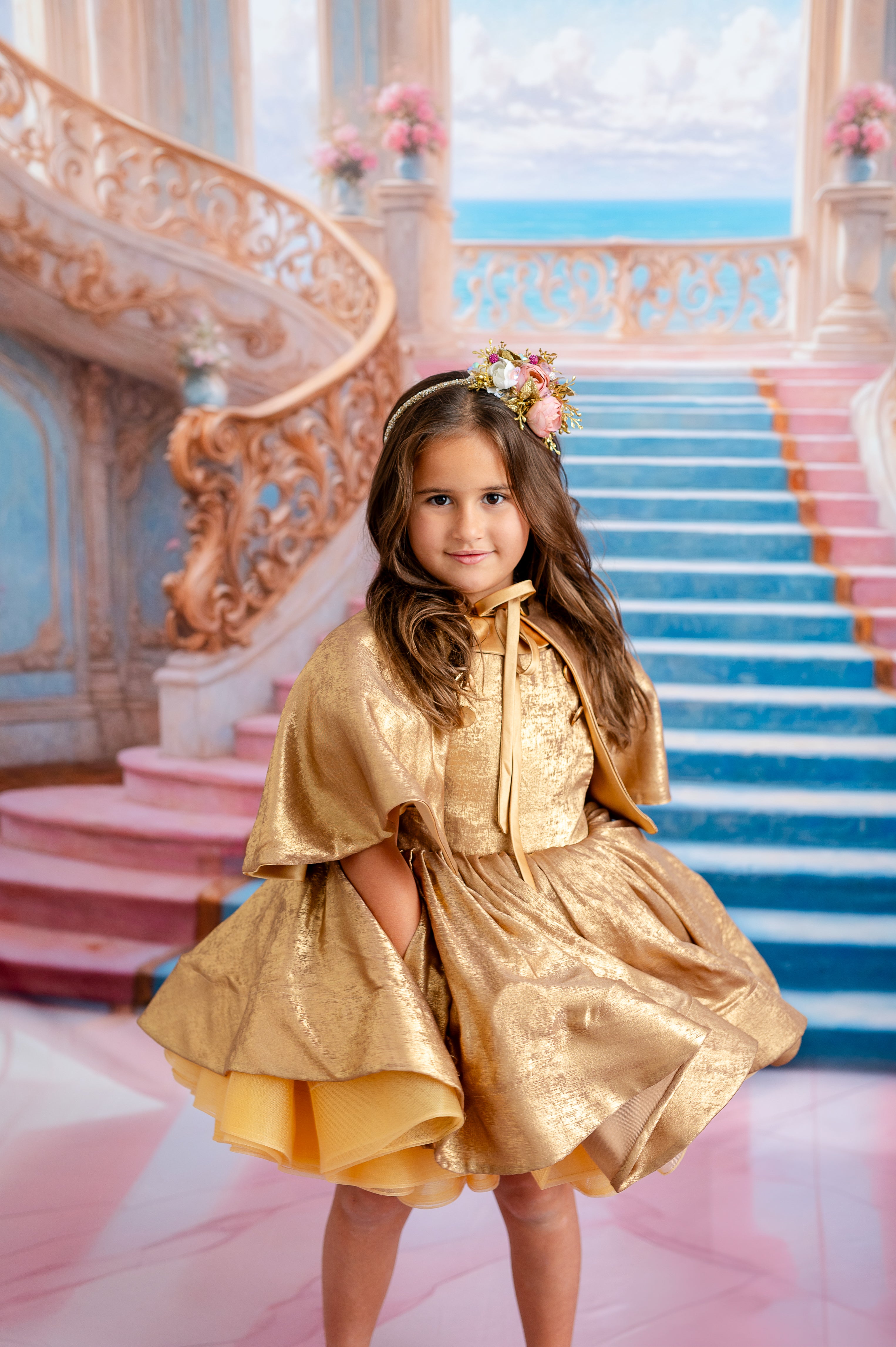 Golden Belle Vintage-Inspired Dress Petal-apron dress, detachable bodice, cape - Red (5-7 year)