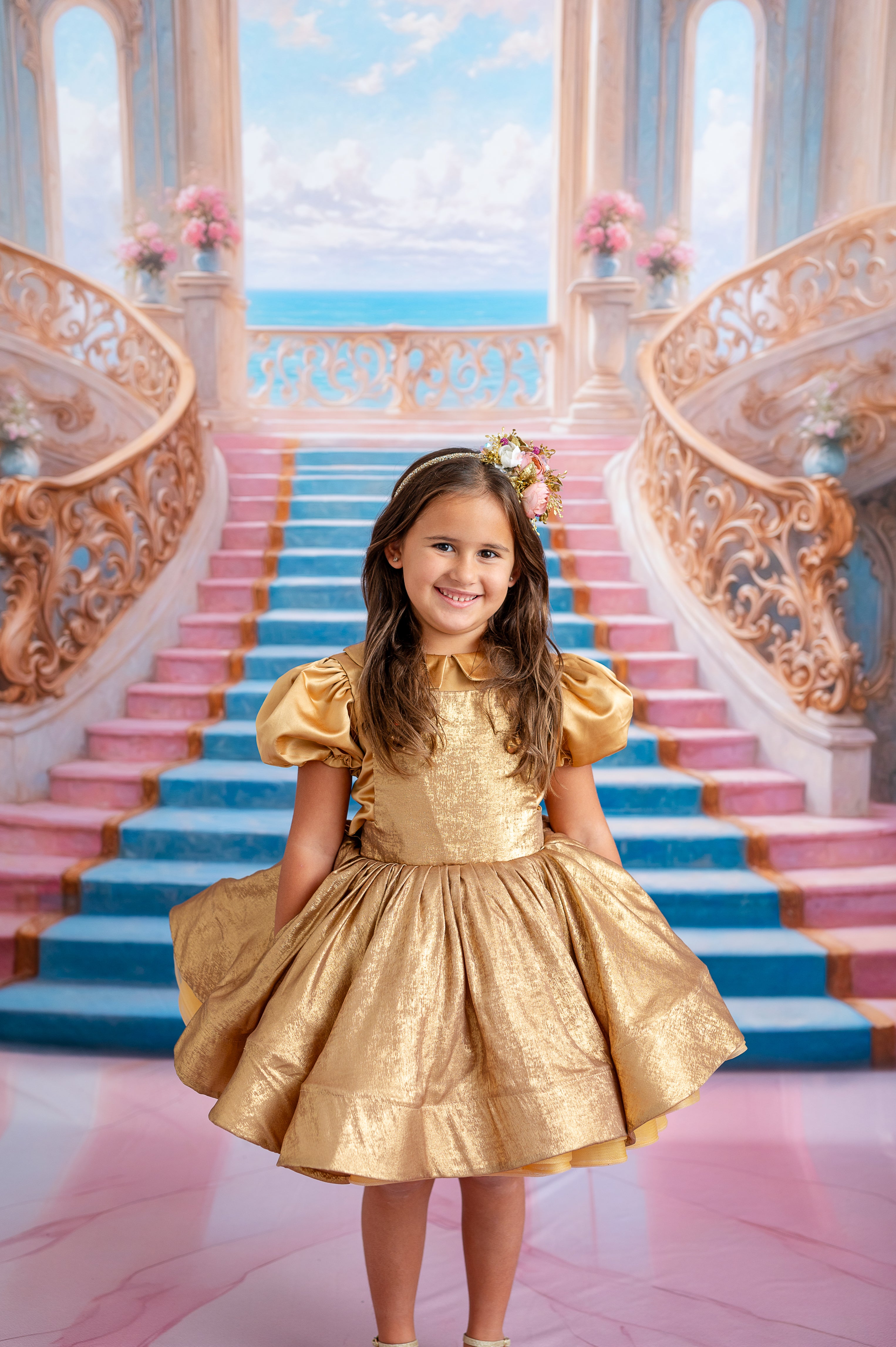 Golden Belle Vintage-Inspired Dress Petal-apron dress, detachable bodice, cape - Red (5-7 year)