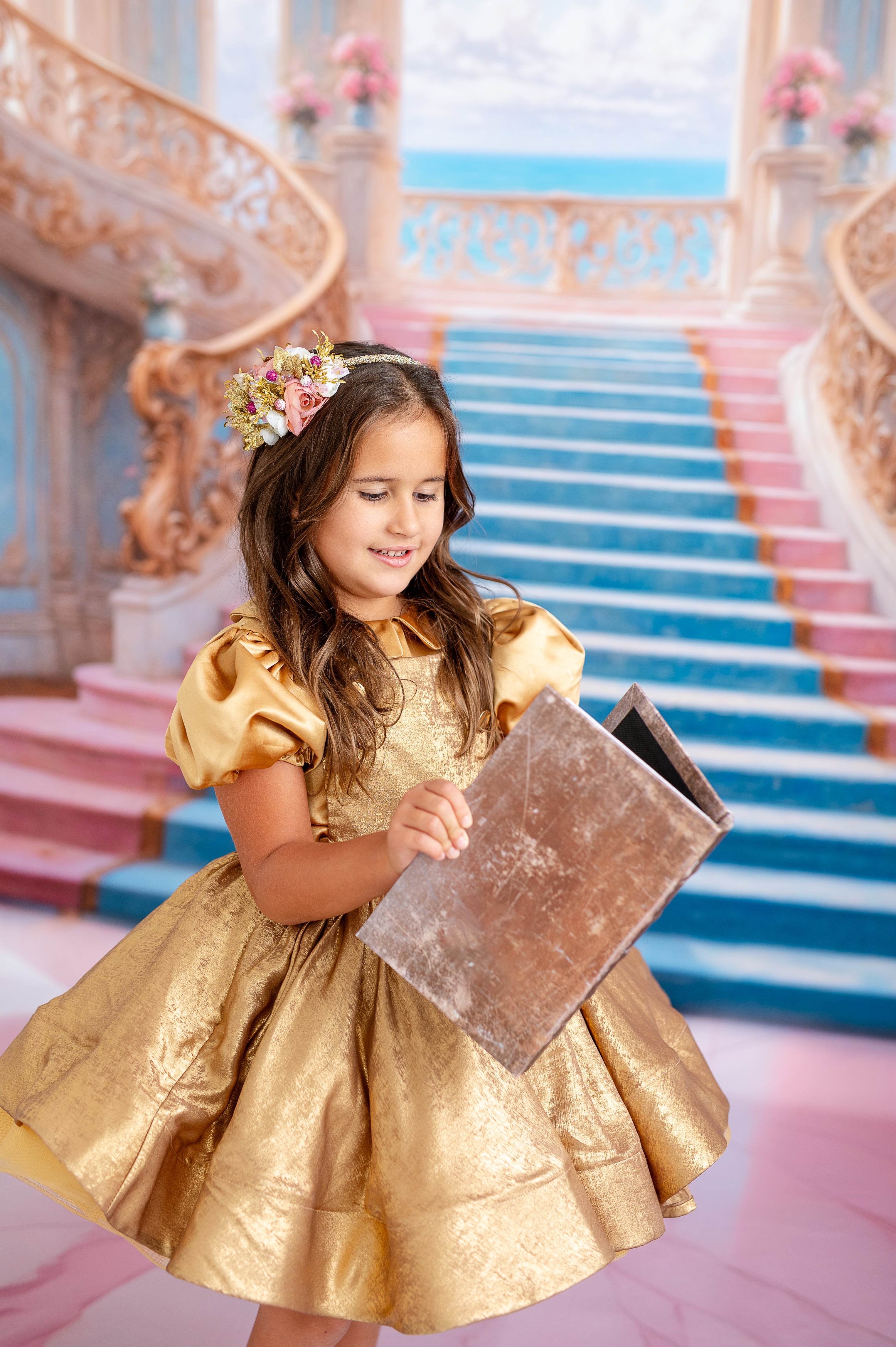 Golden Belle Vintage-Inspired Dress Petal-apron dress, detachable bodice, cape - Red (5-7 year)