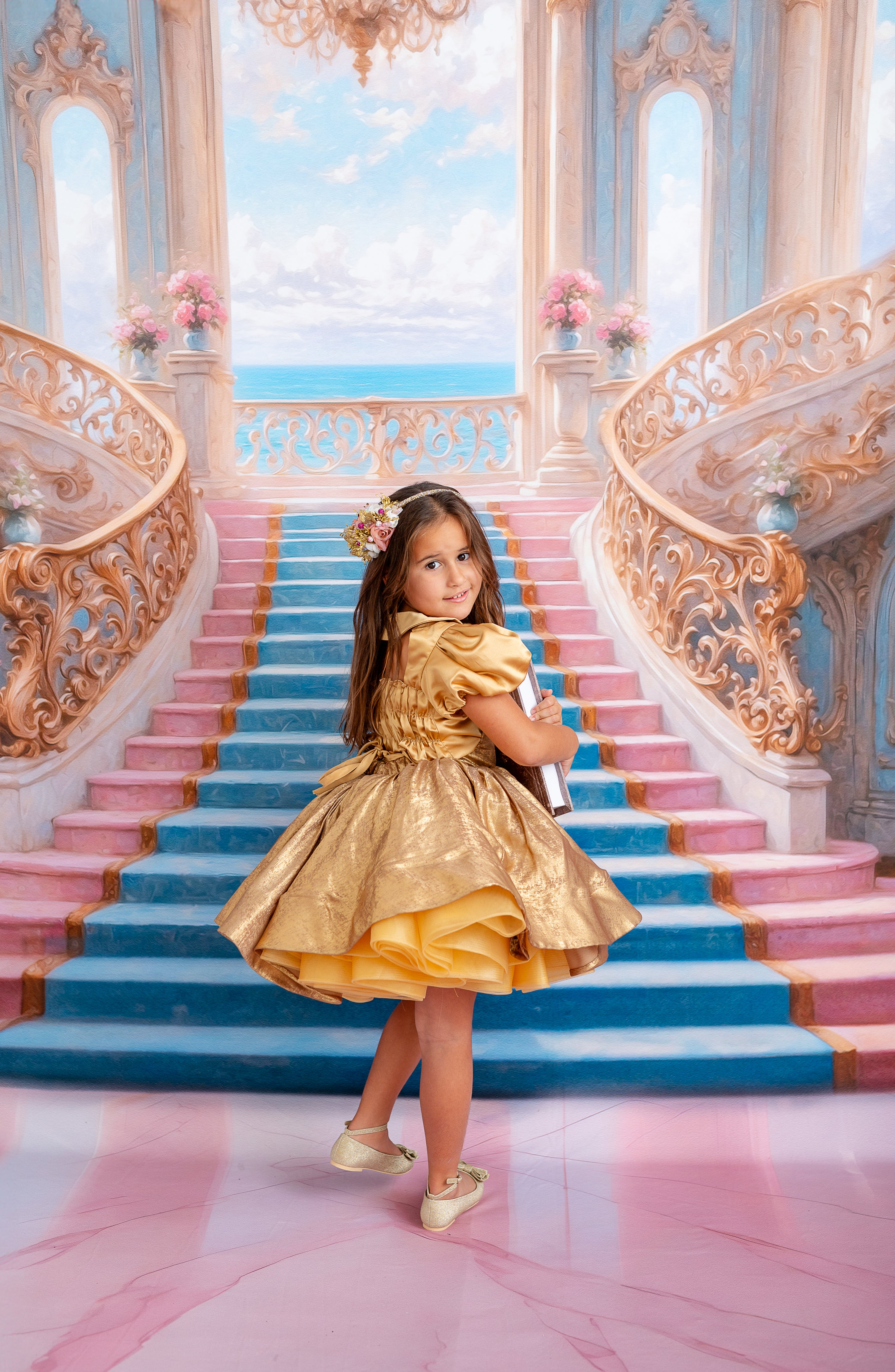 Golden Belle Vintage-Inspired Dress Petal-apron dress, detachable bodice, cape - Red (5-7 year)