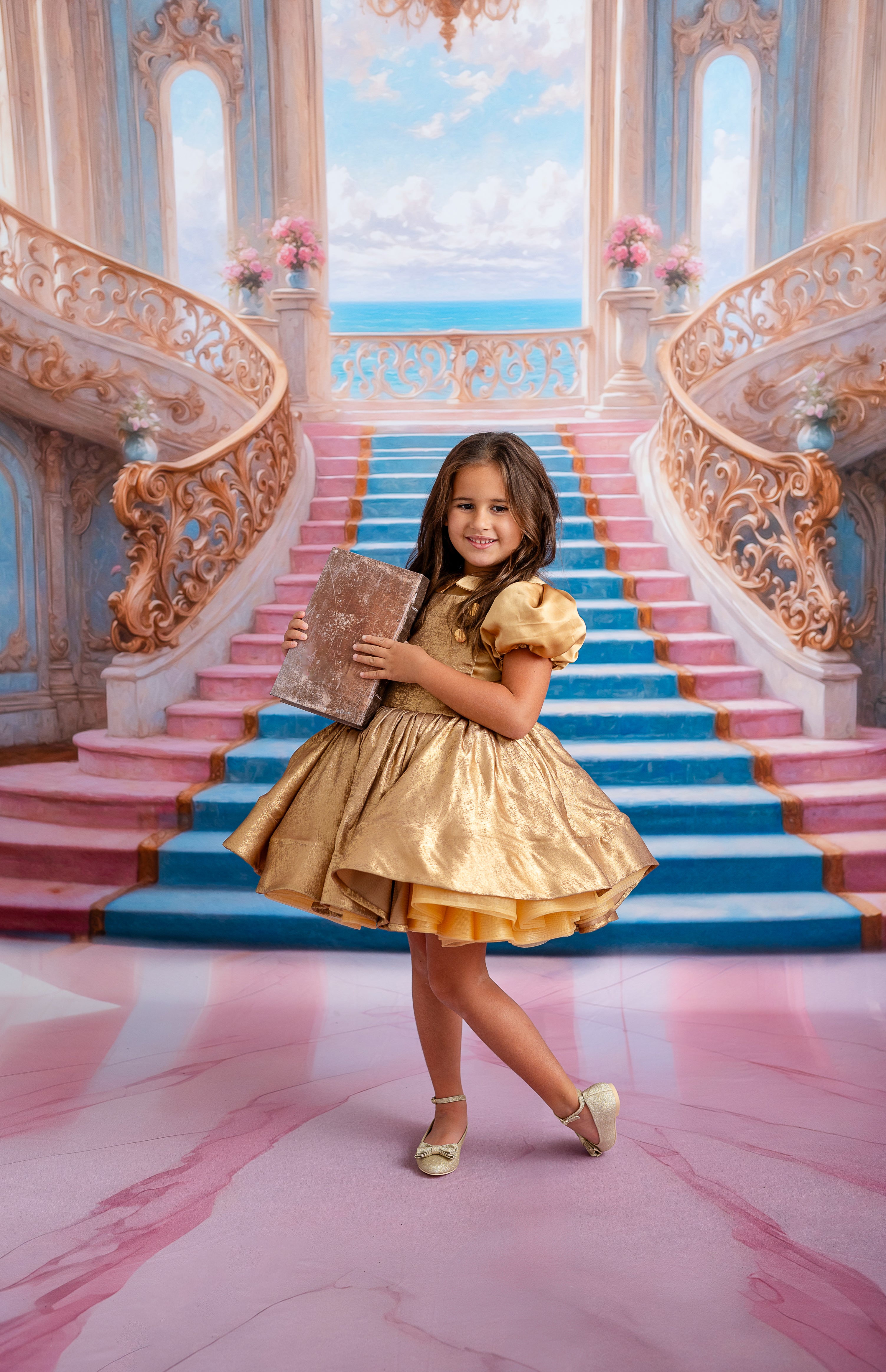 Golden Belle Vintage-Inspired Dress Petal-apron dress, detachable bodice, cape - Red (5-7 year)