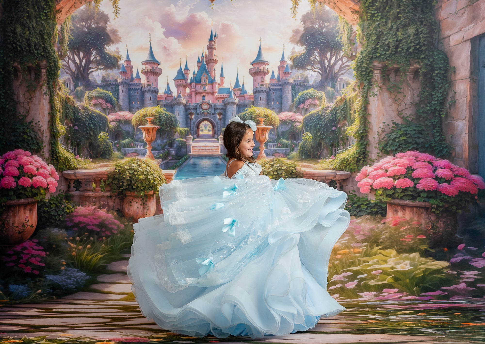 "Custom Whimsy Bows Gown with statement bows and voluminous tulle skirt in soft blush"