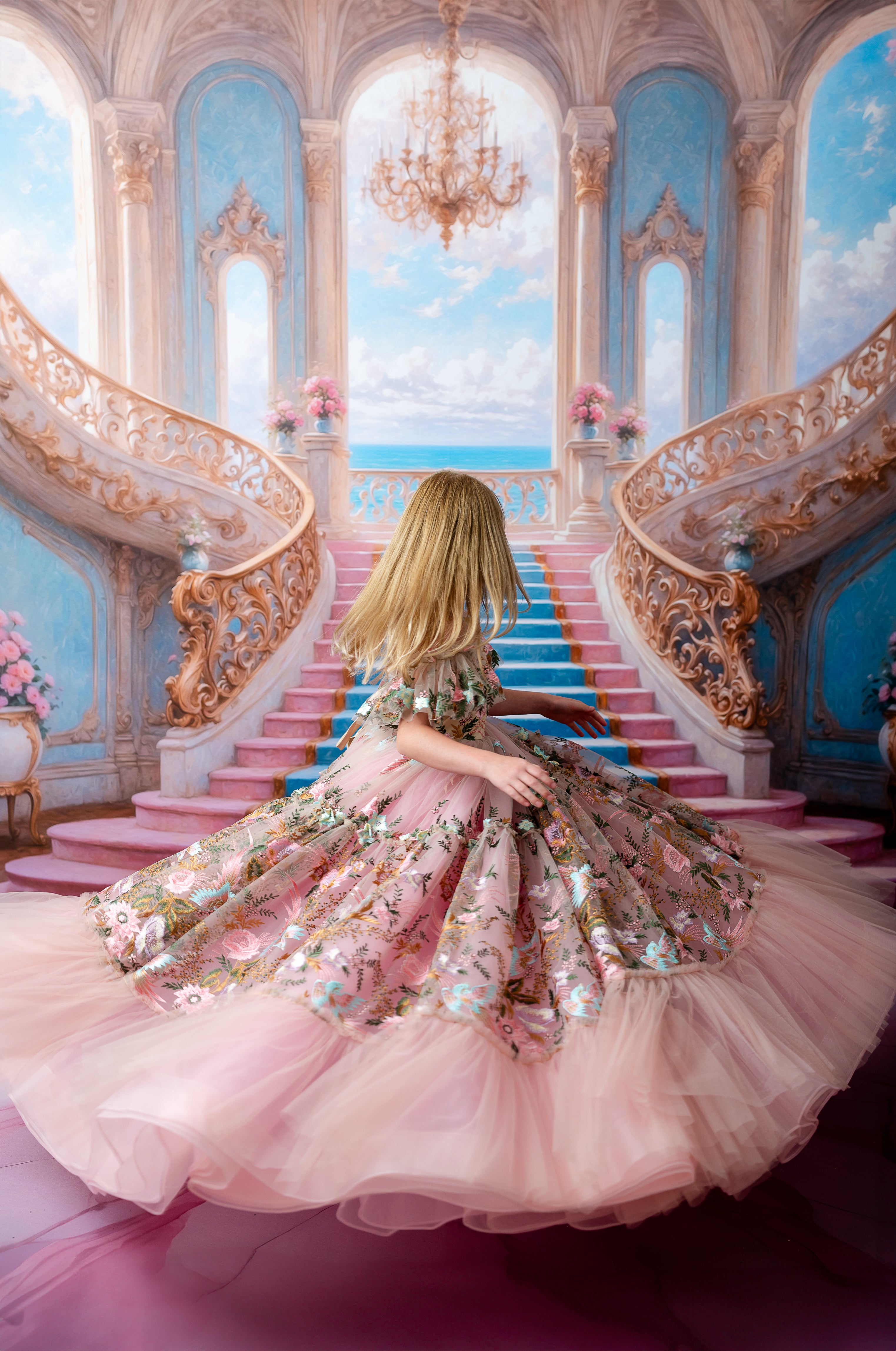 Little girl twirls in an elegant princess-style dress, standing gracefully in an opulent palace-like setting.