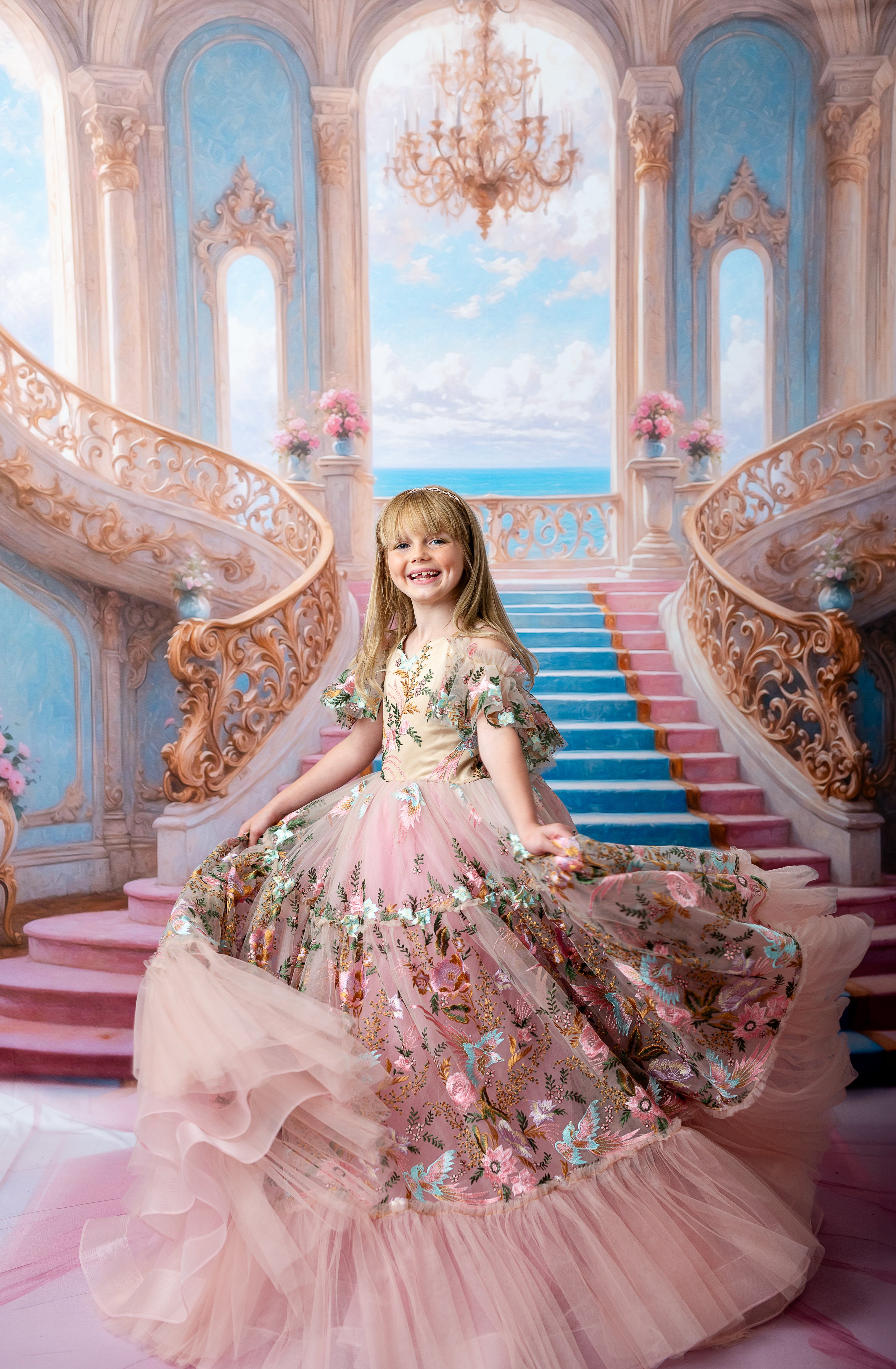 Blonde girl in a pink ball gown set against a regal staircase backdrop, evoking a magical, fairytale scene.