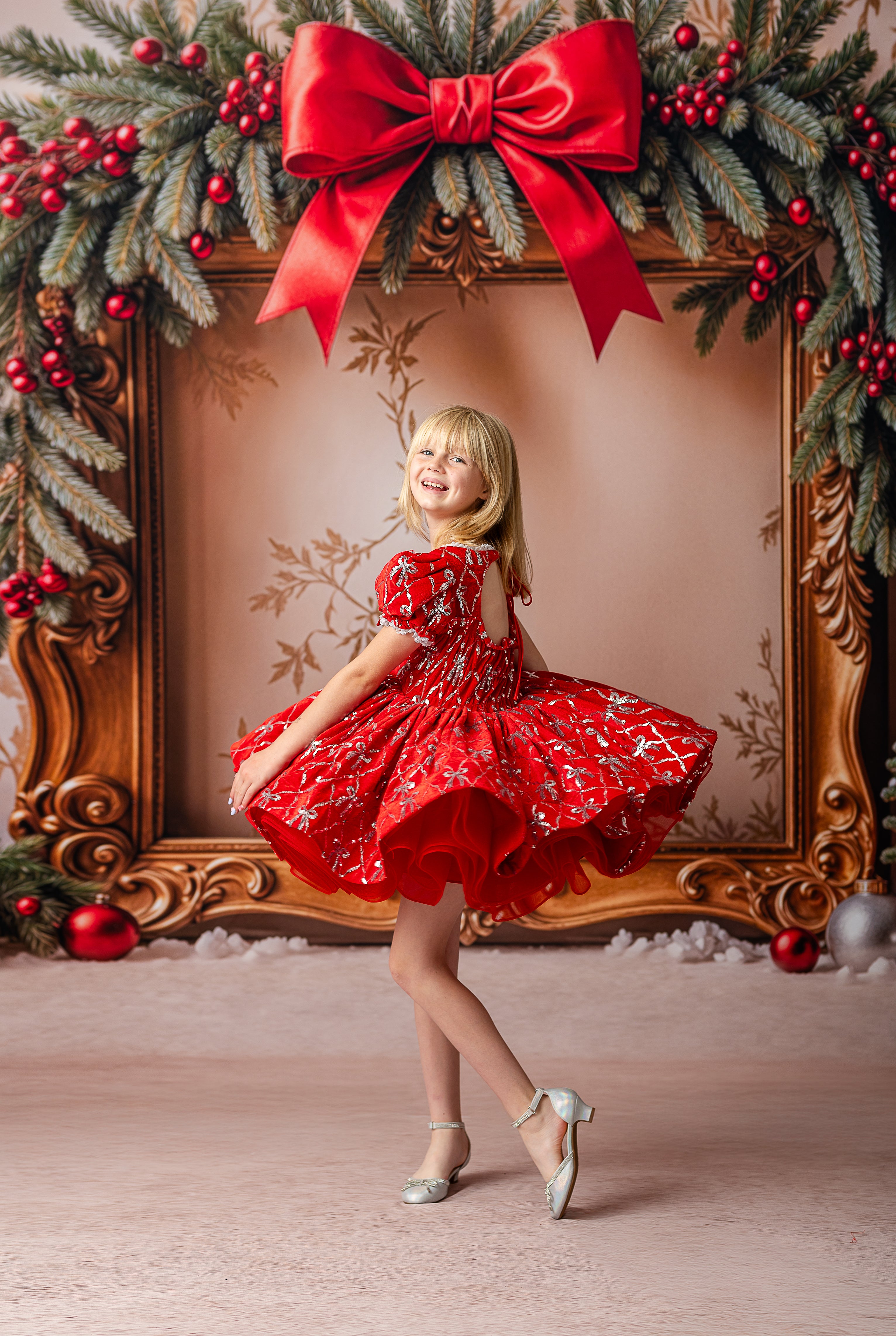 Twirl-worthy red holiday gown with built-in petticoat for extra volume