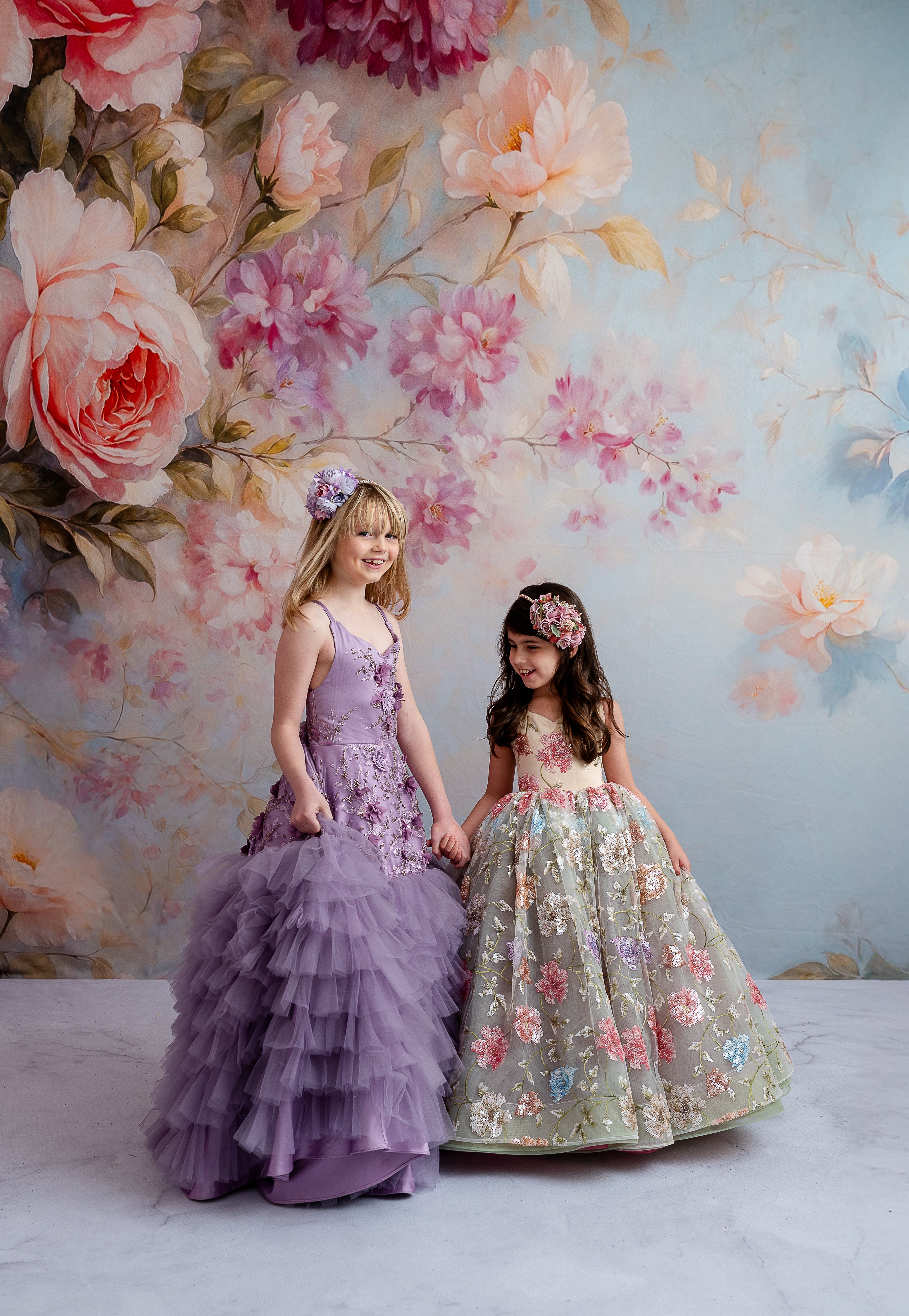 Elegant lavender gown featuring intricate floral appliqués and removable puff sleeves, perfect for any special occasion.