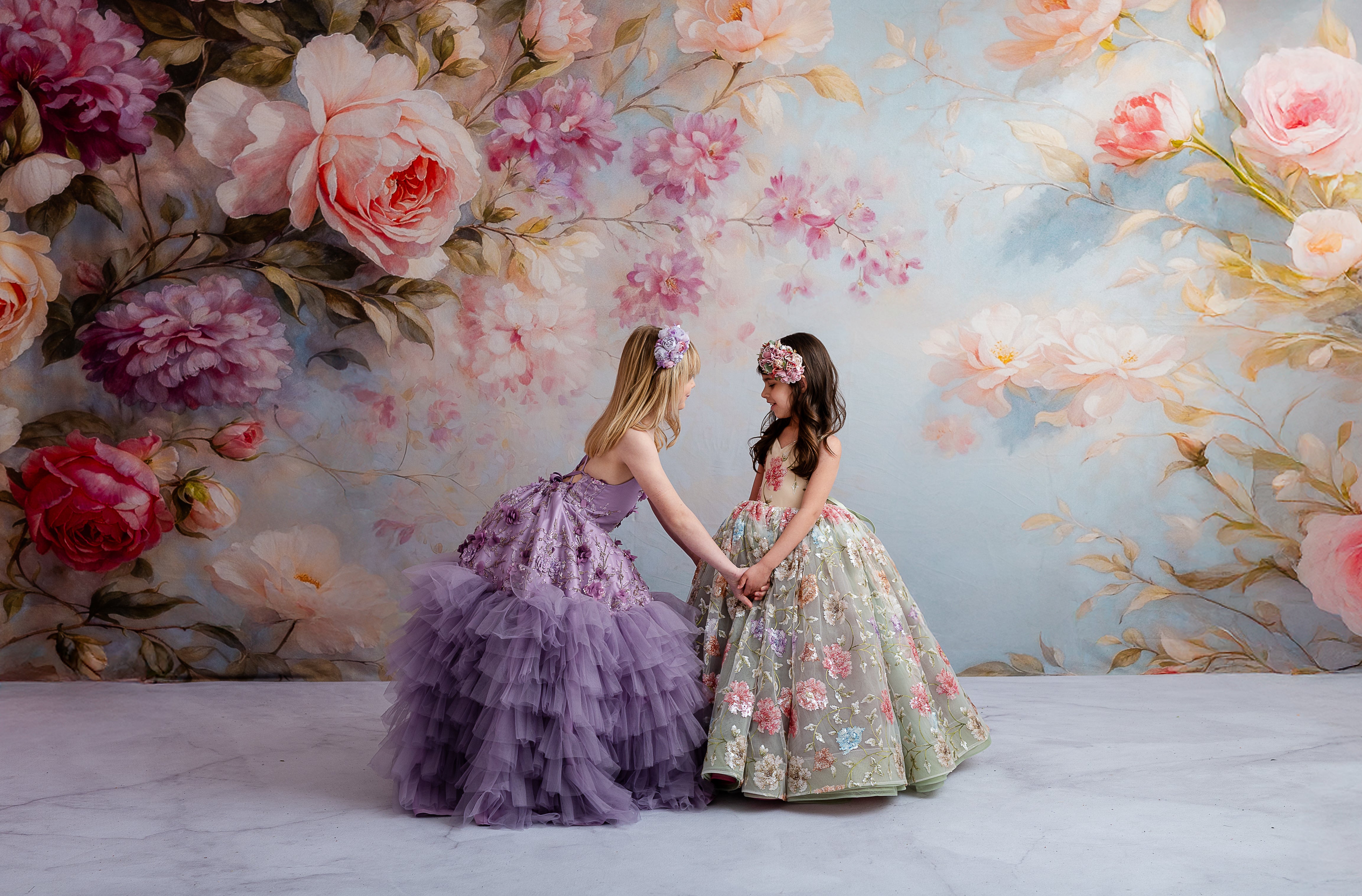 "Floor-length lavender dress with romantic floral accents and detachable puff sleeves for a customizable style."